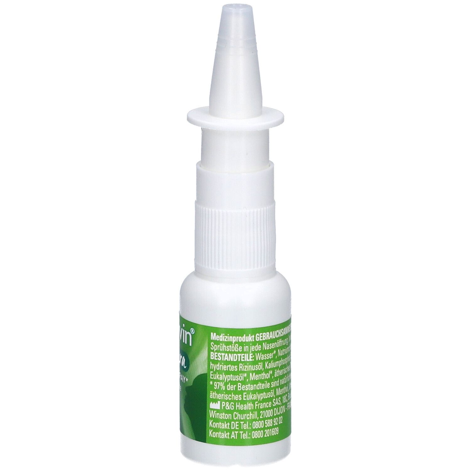 Nasivin Natura Nasenspray. Weiße Flasche mit Sprühkopf. Rückseite mit Inhaltsstoffen und Informationen.