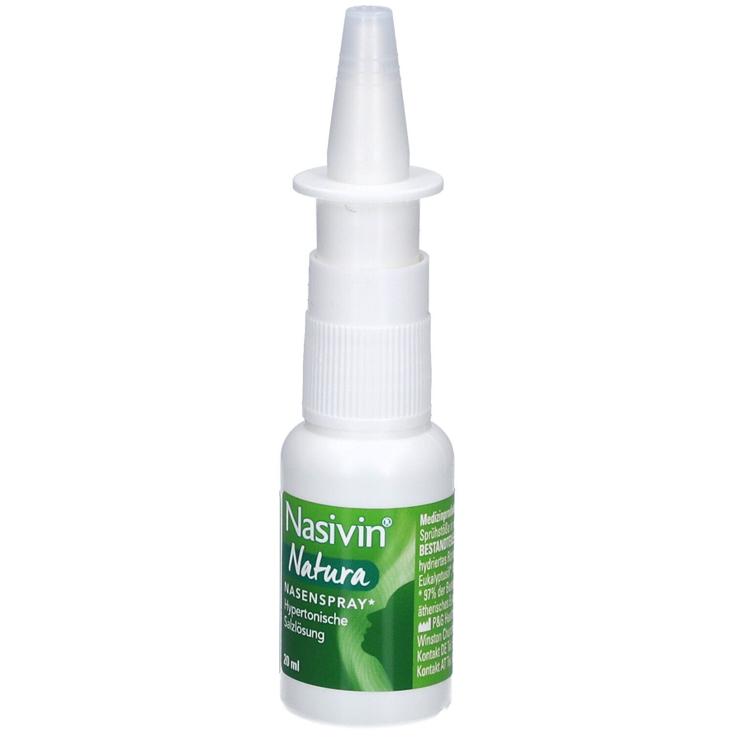 Nasivin Natura Nasenspray. Weiße Flasche mit Sprühkopf. Grüne Etikett mit Produktnamen und Informationen.