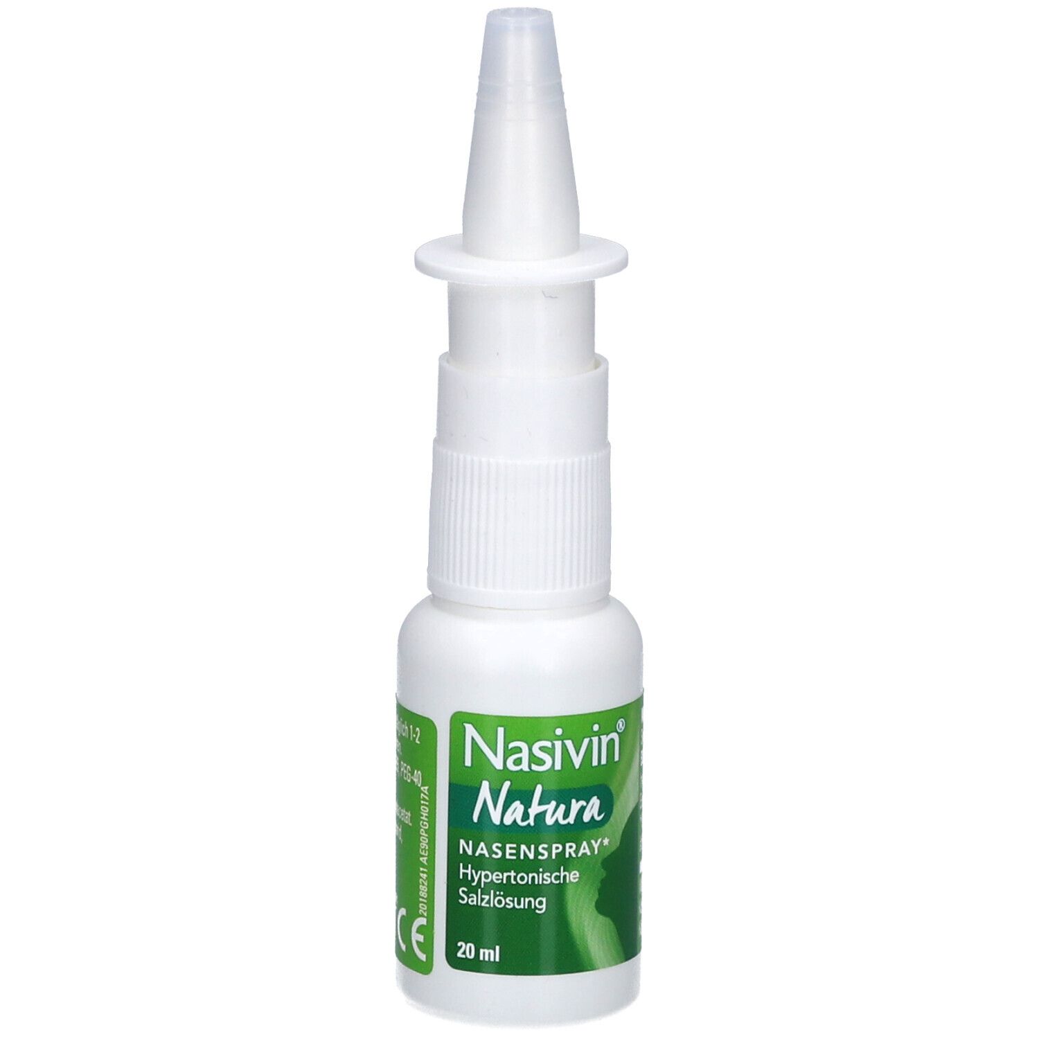 Nasivin Natura Nasenspray. Weiße Flasche mit Sprühkopf. Grüne Etikett mit Produktnamen und Informationen.