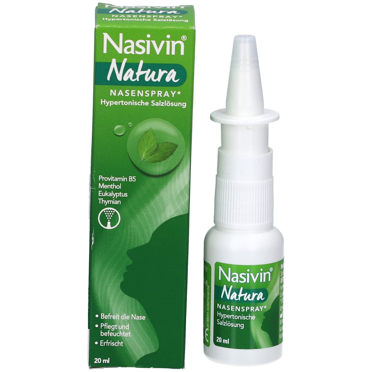 Nasivin Natura Nasenspray und Verpackung. Grüne Schachtel mit Produktnamen und Inhaltsstoffen.
