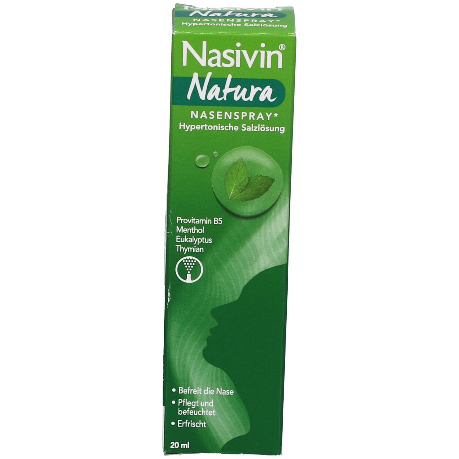 Verpackung von Nasivin Natura Nasenspray. Grüne Schachtel mit Produktnamen, Inhaltsstoffen und Illustration.