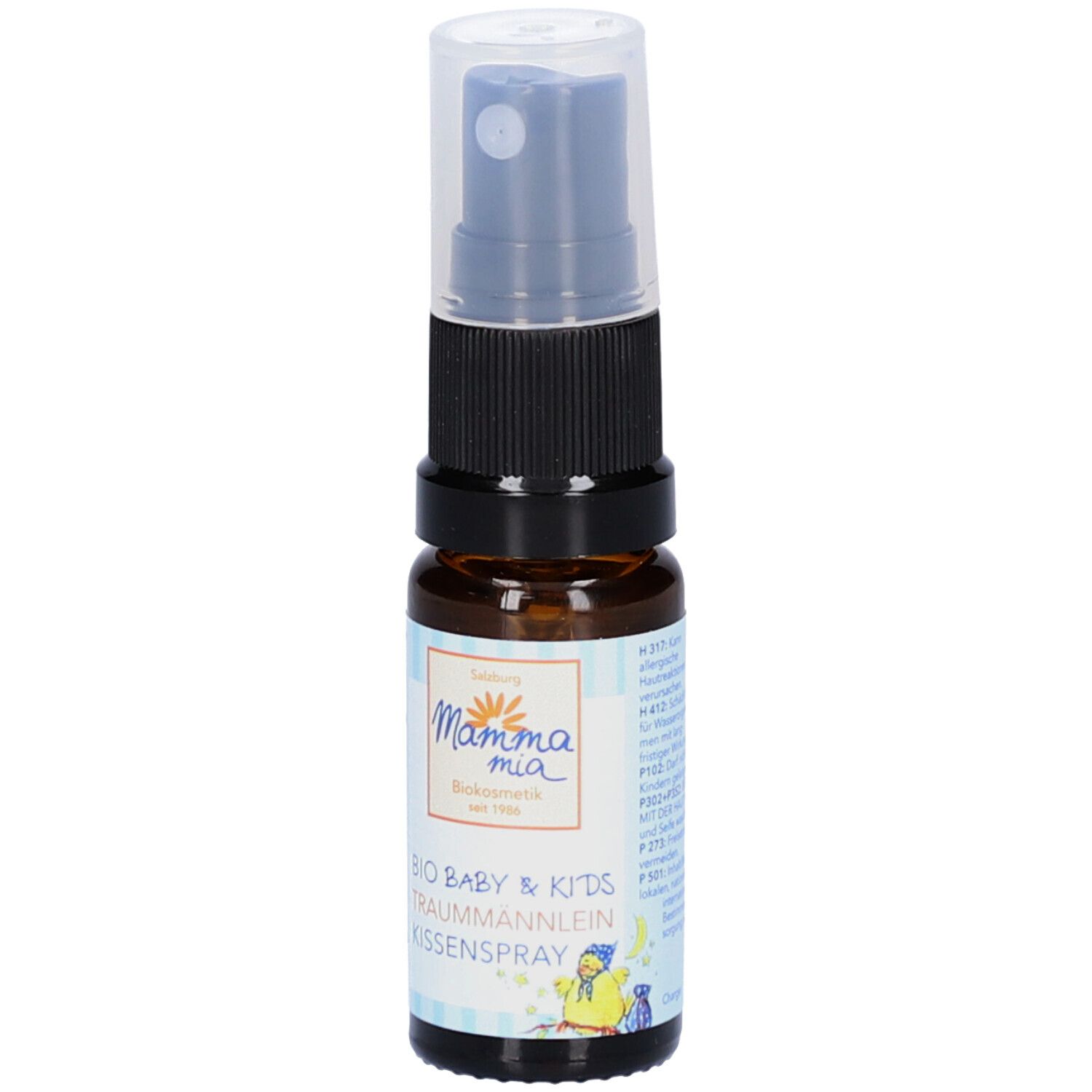 Braunglasflasche mit Sprühkopf und transparenter Kappe. Etikett mit "Mamma mia BIO BABY & KIDS Traumännlein Kissenspray" Aufschrift.