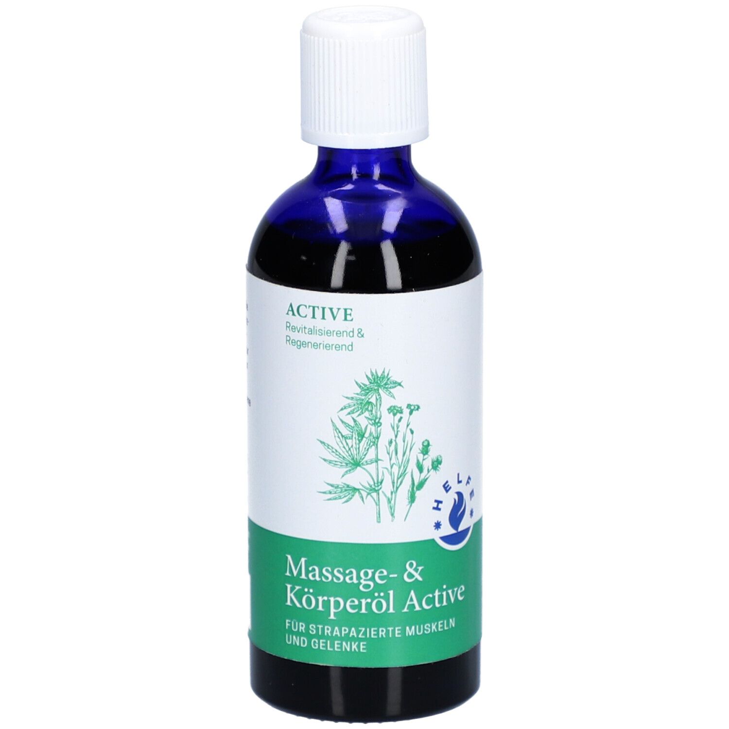 Blau-transparente Flasche mit weißem Deckel. Etikett mit Produktbezeichnung und Logo. Text: Massage- & Körperöl Active.