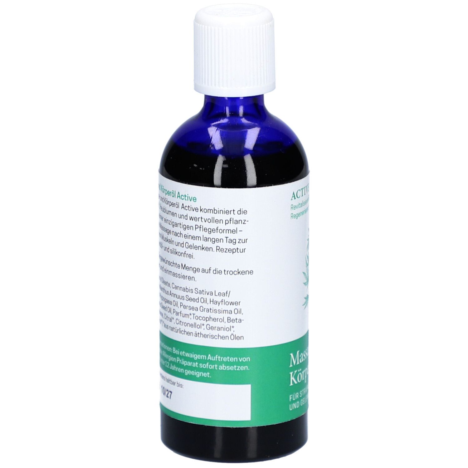 Rückseite der Flasche. Etikett mit Inhaltsstoffen und Anwendungshinweisen. Text: Massage- & Körperöl Active. Vegan.