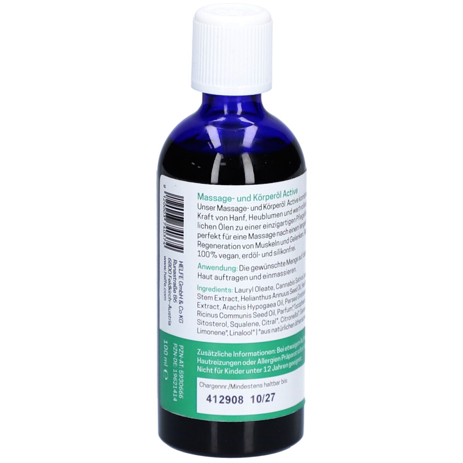 Rückseite der Flasche. Etikett mit Inhaltsstoffen und Anwendungshinweisen. Text: Massage- & Körperöl Active. 100 ml.