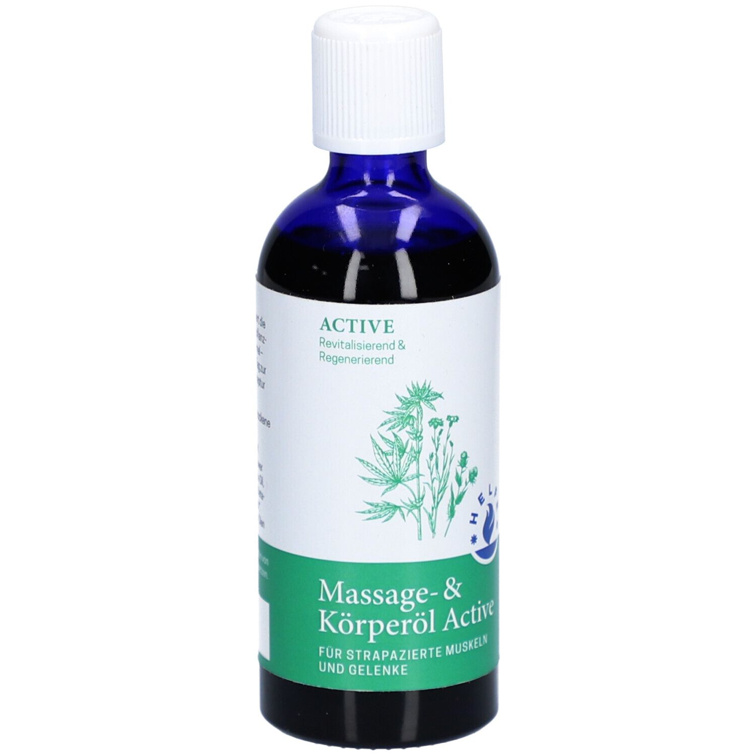 Blau-transparente Flasche mit weißem Deckel. Etikett mit Produktbezeichnung und Logo. Text: Massage- & Körperöl Active.