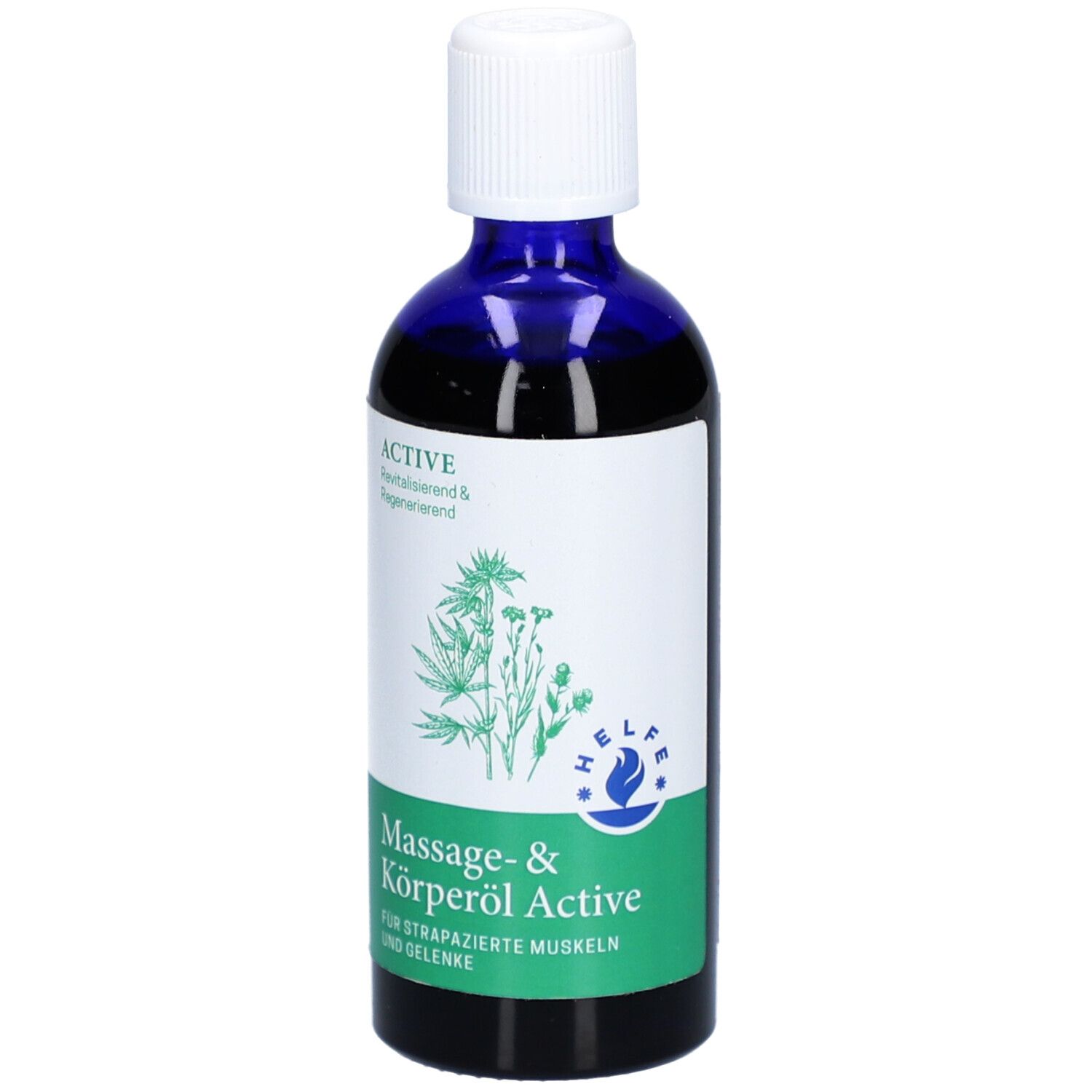 Blau-transparente Flasche mit weißem Deckel. Etikett mit Produktbezeichnung und Logo. Text: Massage- & Körperöl Active.