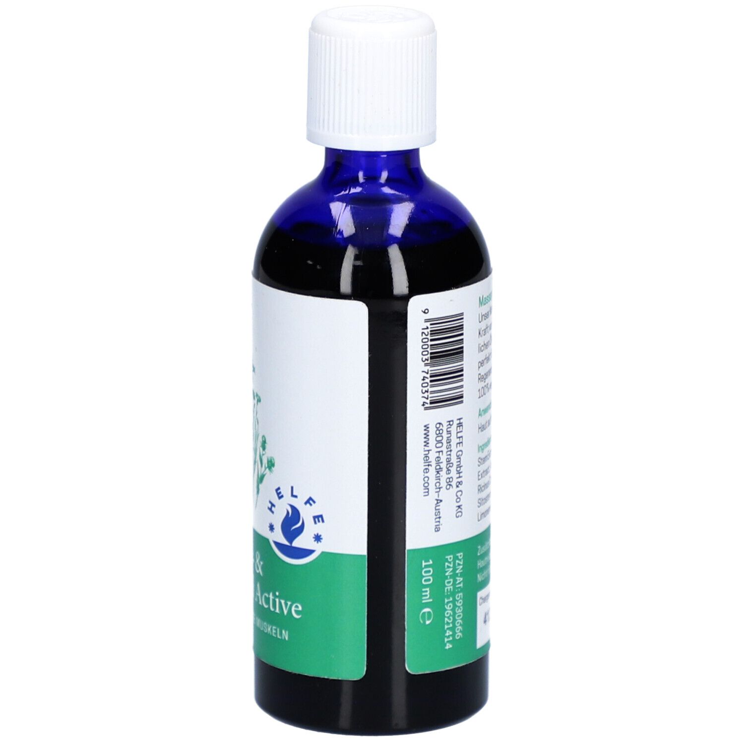Rückseite der Flasche. Etikett mit Produktinformationen. Text: Massage- & Körperöl Active. 100 ml.
