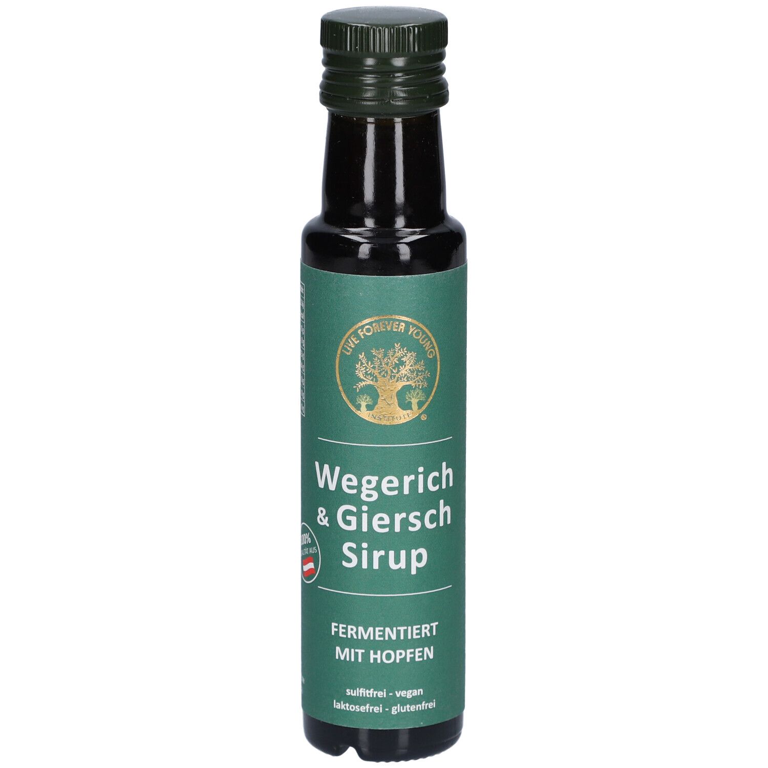 Braune Glasflasche mit grünem Etikett. Aufschrift: Wegerich & Giersch Sirup, fermentiert mit Hopfen. Vegan, laktosefrei, glutenfrei.