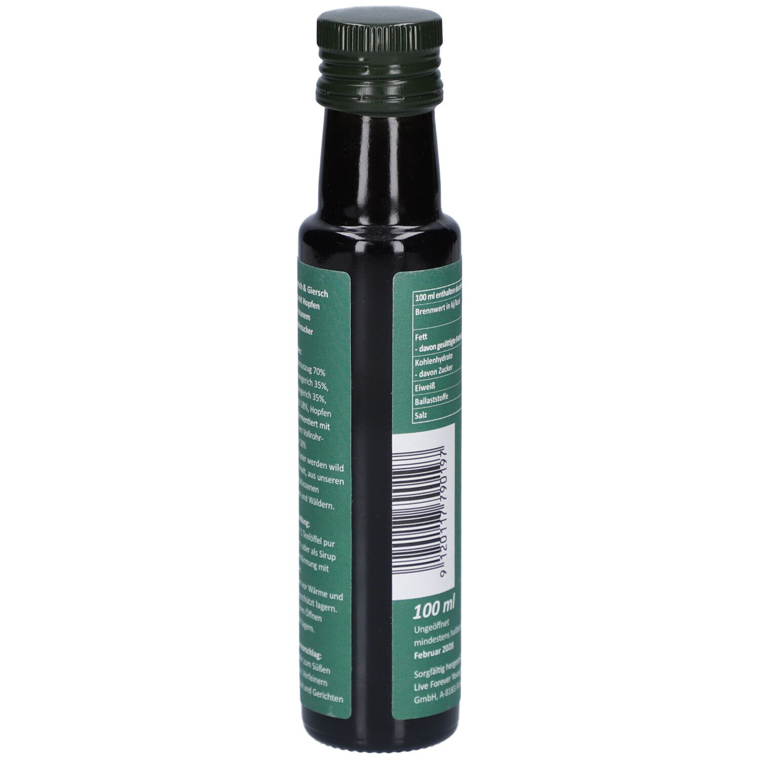 Braune Glasflasche mit grünem Etikett. Enthält Informationen zu Inhaltsstoffen und Anwendung. Aufschrift: Wegerich & Giersch Sirup, 100 ml.