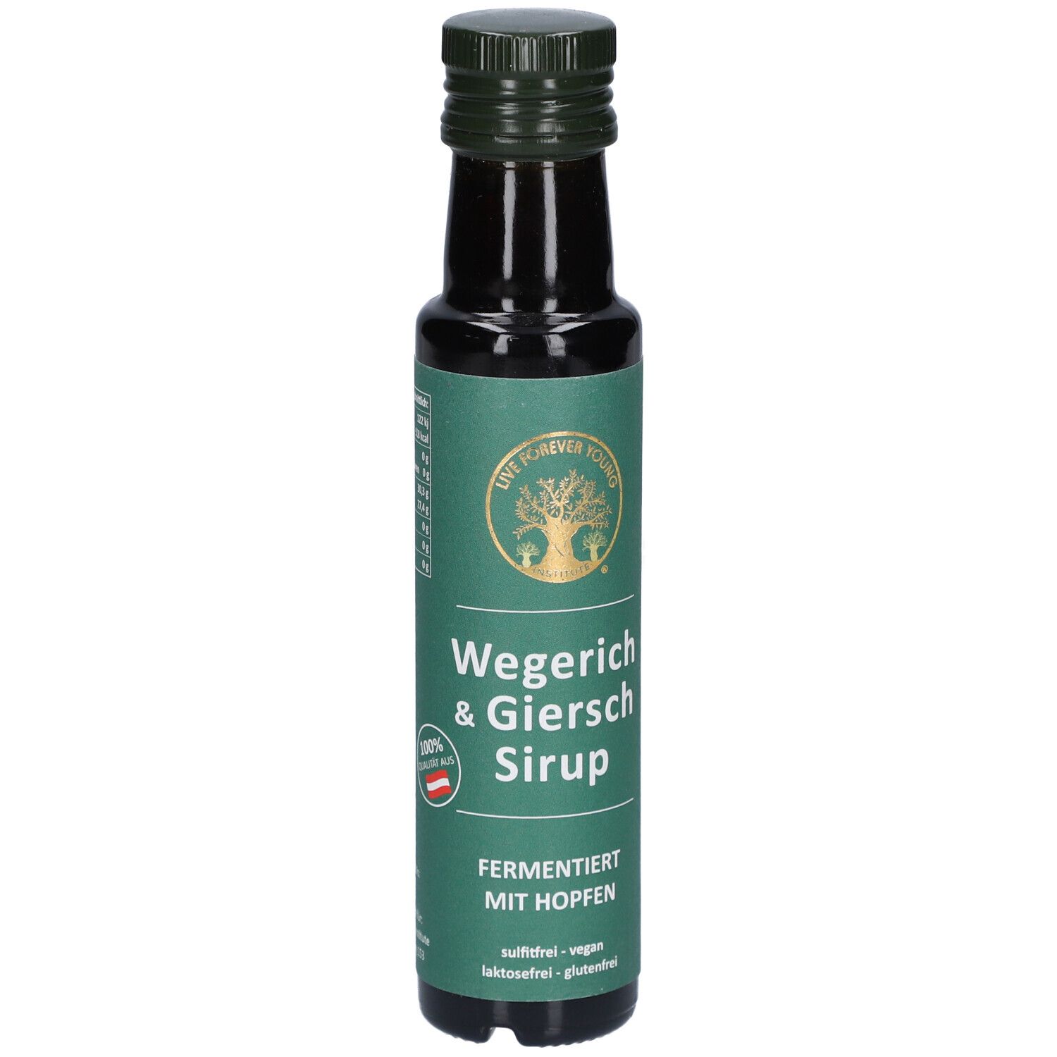 Braune Glasflasche mit grünem Etikett. Aufschrift: Wegerich & Giersch Sirup, fermentiert mit Hopfen. Vegan, laktosefrei, glutenfrei. Logo.