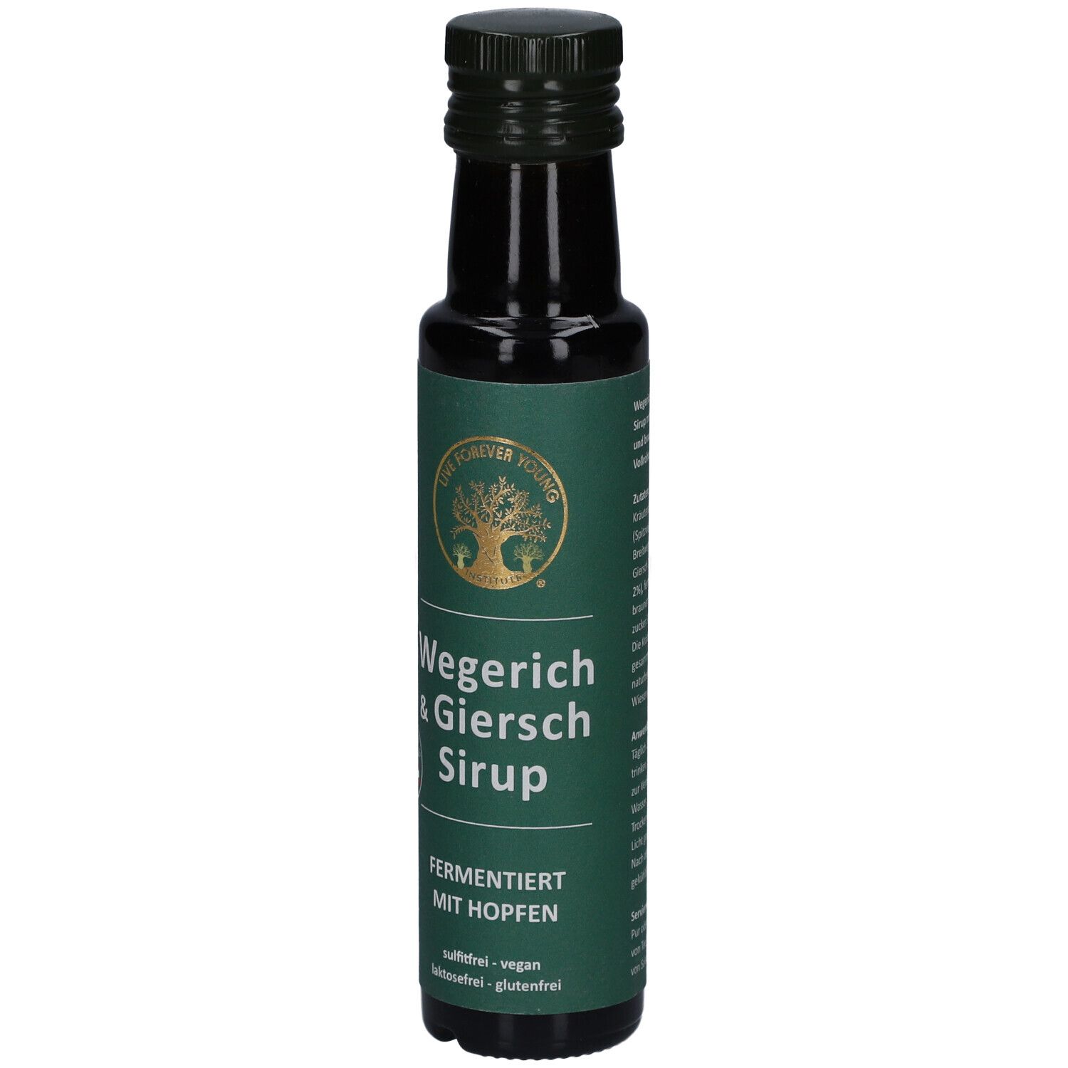 Braune Glasflasche mit grünem Etikett. Aufschrift: Wegerich & Giersch Sirup, fermentiert mit Hopfen. Logo.