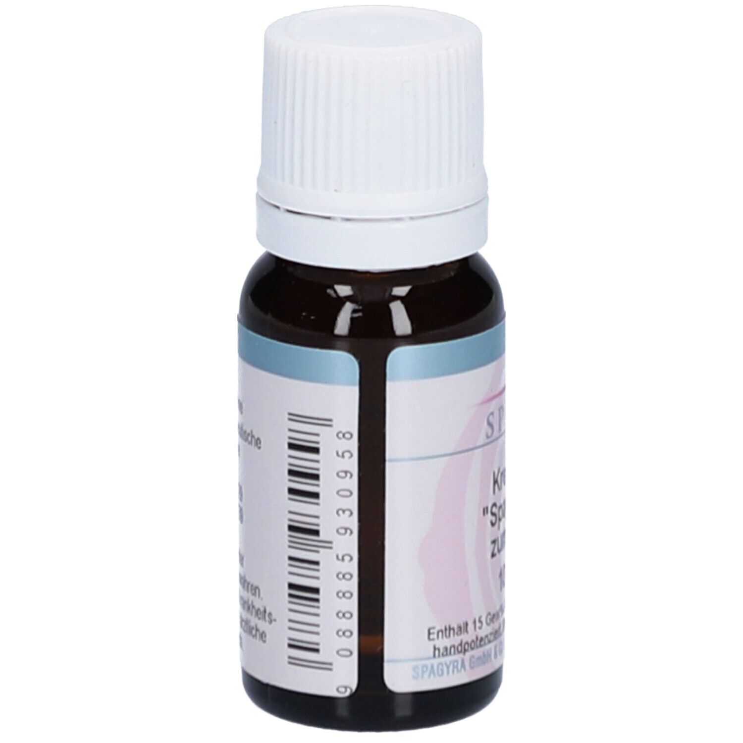 Braune Glasflasche mit weißem Deckel. Etikett mit Barcode und Produktinformationen.