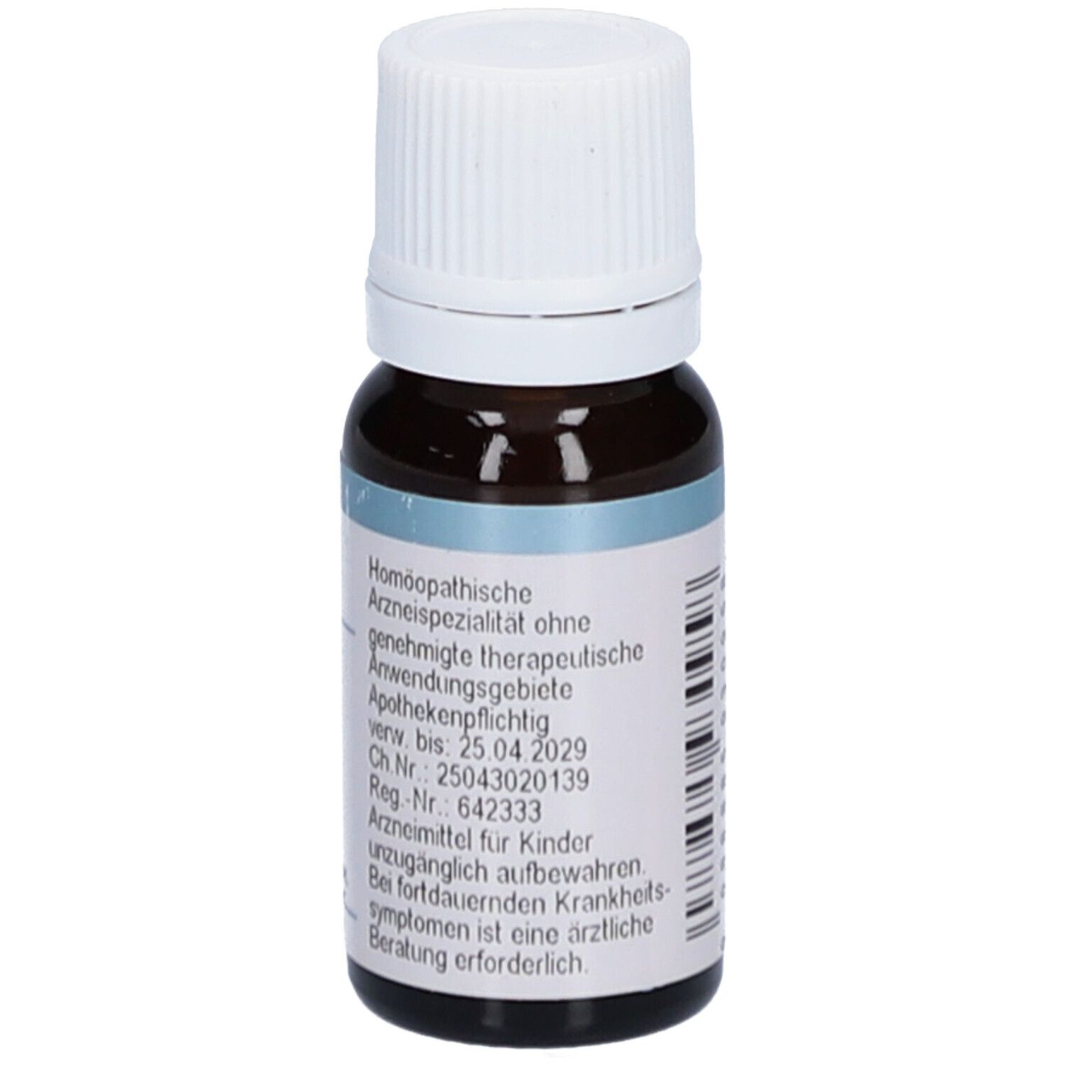 Braune Glasflasche mit weißem Deckel. Etikett mit homöopathischen Informationen und Verfallsdatum.