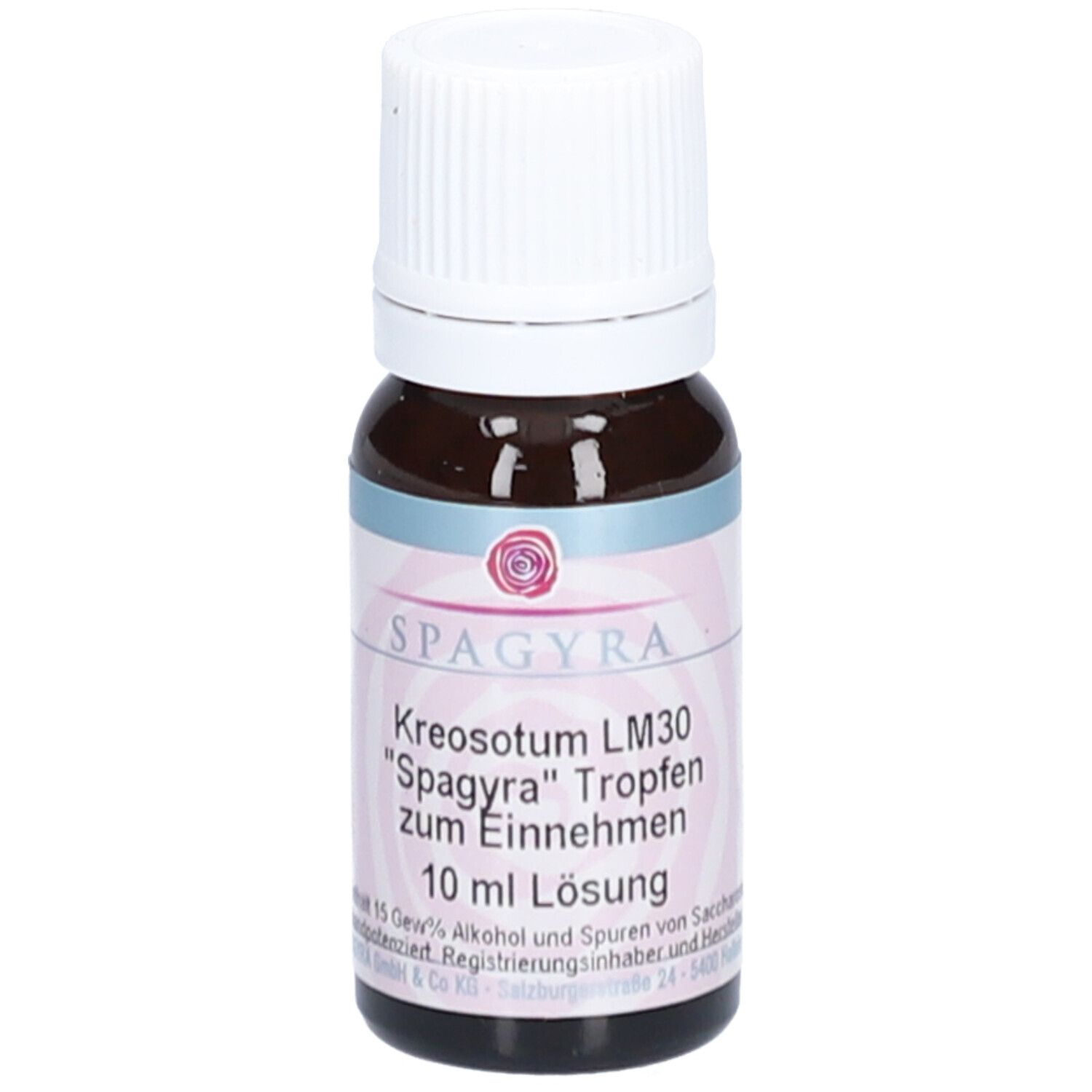 Braune Glasflasche mit weißem Schraubverschluss. Etikett mit Produktnamen und 10 ml Angabe.