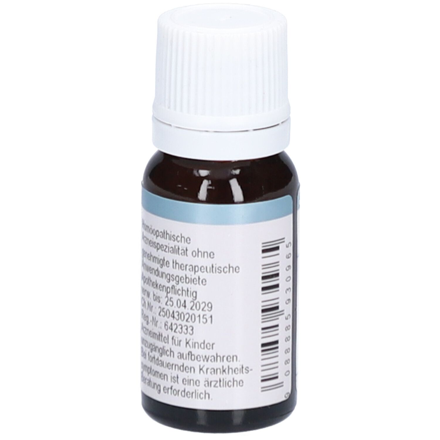 Braune Glasflasche mit weißem Verschluss. Etikett mit Produktinformationen und Barcode.