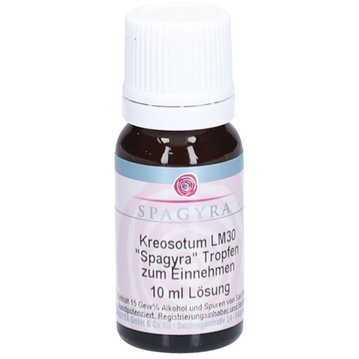 Braune Glasflasche mit weißem Schraubverschluss. Etikett mit Produktnamen und 10 ml Angabe.