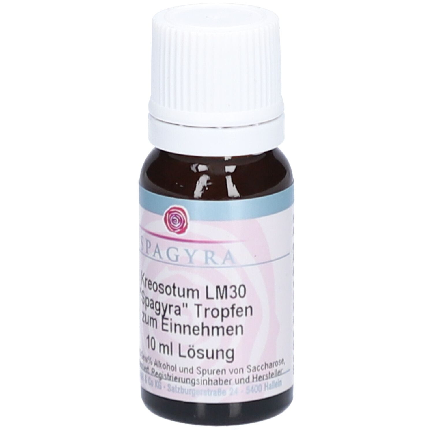 Braune Glasflasche mit weißem Verschluss. Etikett mit Produktnamen und 10 ml Angabe.