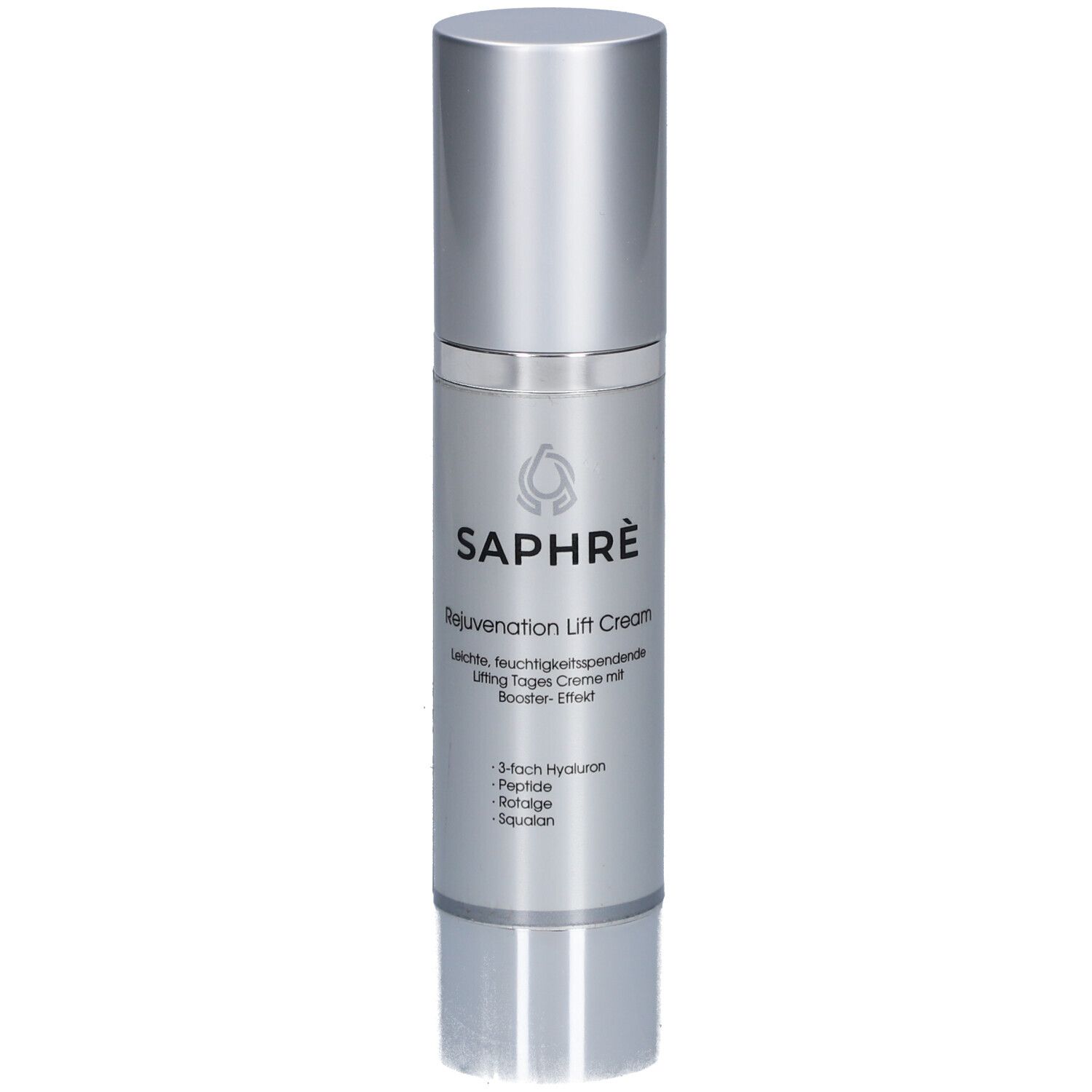 Saphre® Rejuvenation Lift Cream. Silberne Flasche mit Produktnamen und Inhaltsstoffen. 3-fach Hyaluron, Peptide, Sqalan.