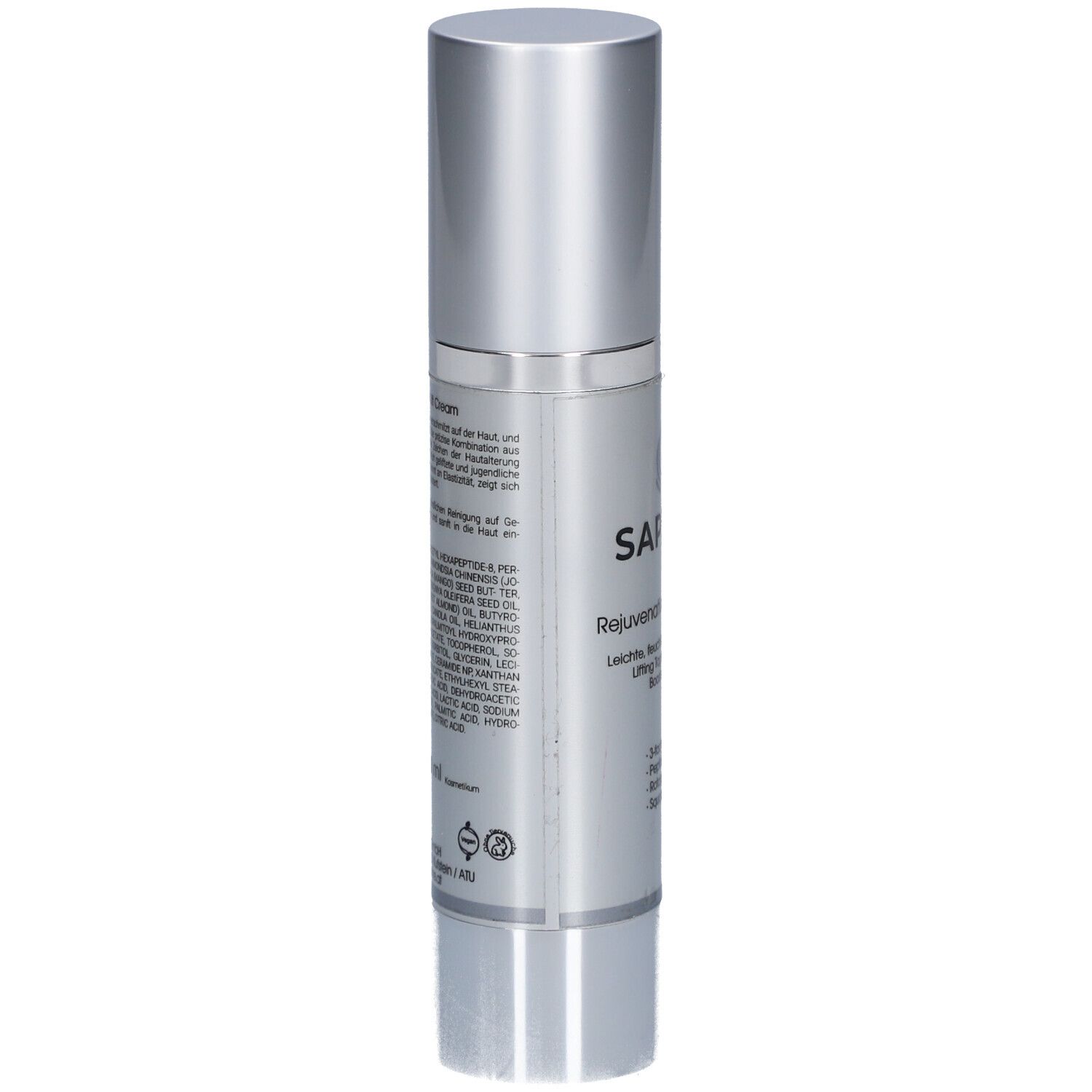 Saphre® Rejuvenation Lift Cream. Silberne Flasche mit Produktinformationen. Text auf Deutsch. Rückseite.