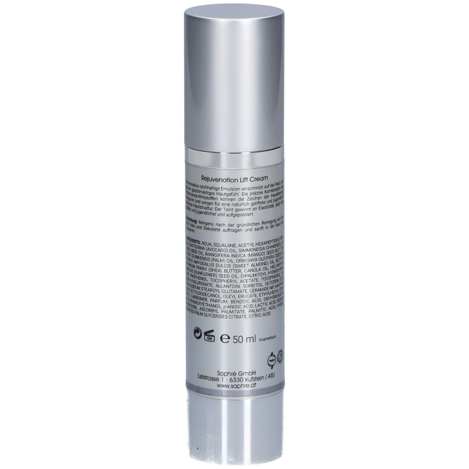 Saphre® Rejuvenation Lift Cream. Silberne Flasche mit Inhaltsstoffen und Herstellerinformationen. 50 ml.