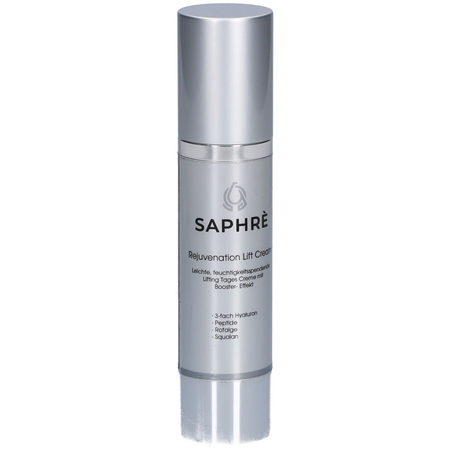 Saphre® Rejuvenation Lift Cream. Silberne Flasche mit Produktnamen und Inhaltsstoffen. 3-fach Hyaluron, Peptide, Sqalan.