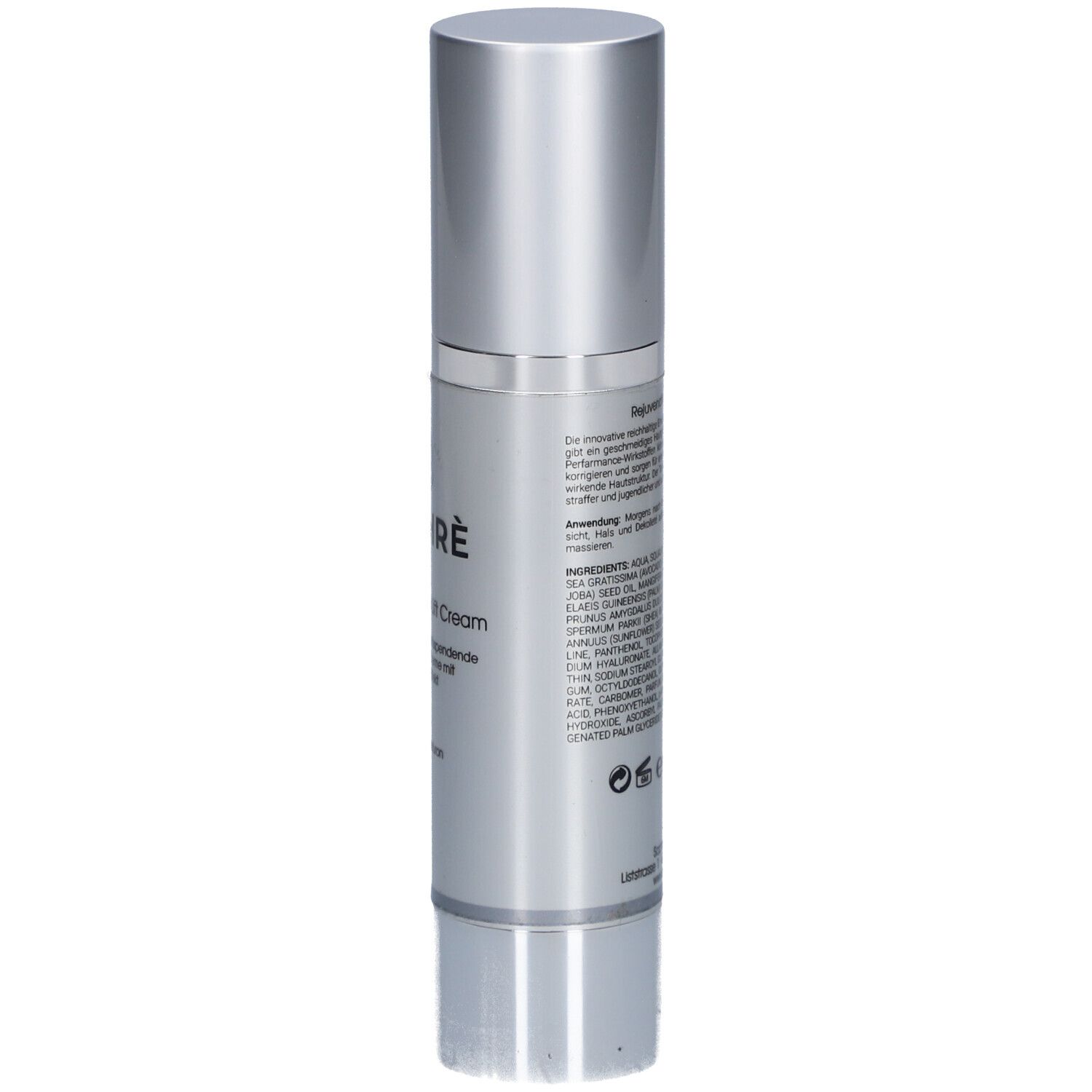 Saphre® Rejuvenation Lift Cream. Silberne Flasche mit Produktinformationen. Text auf Deutsch. Rückseite.