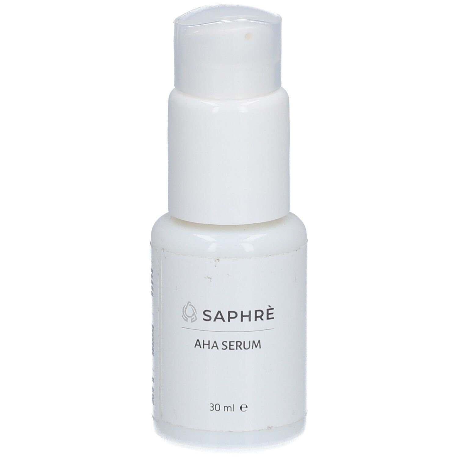 Weiße Flasche mit Pumpe. Aufschrift: SAPHRÈ AHA SERUM. Volumen: 30 ml.