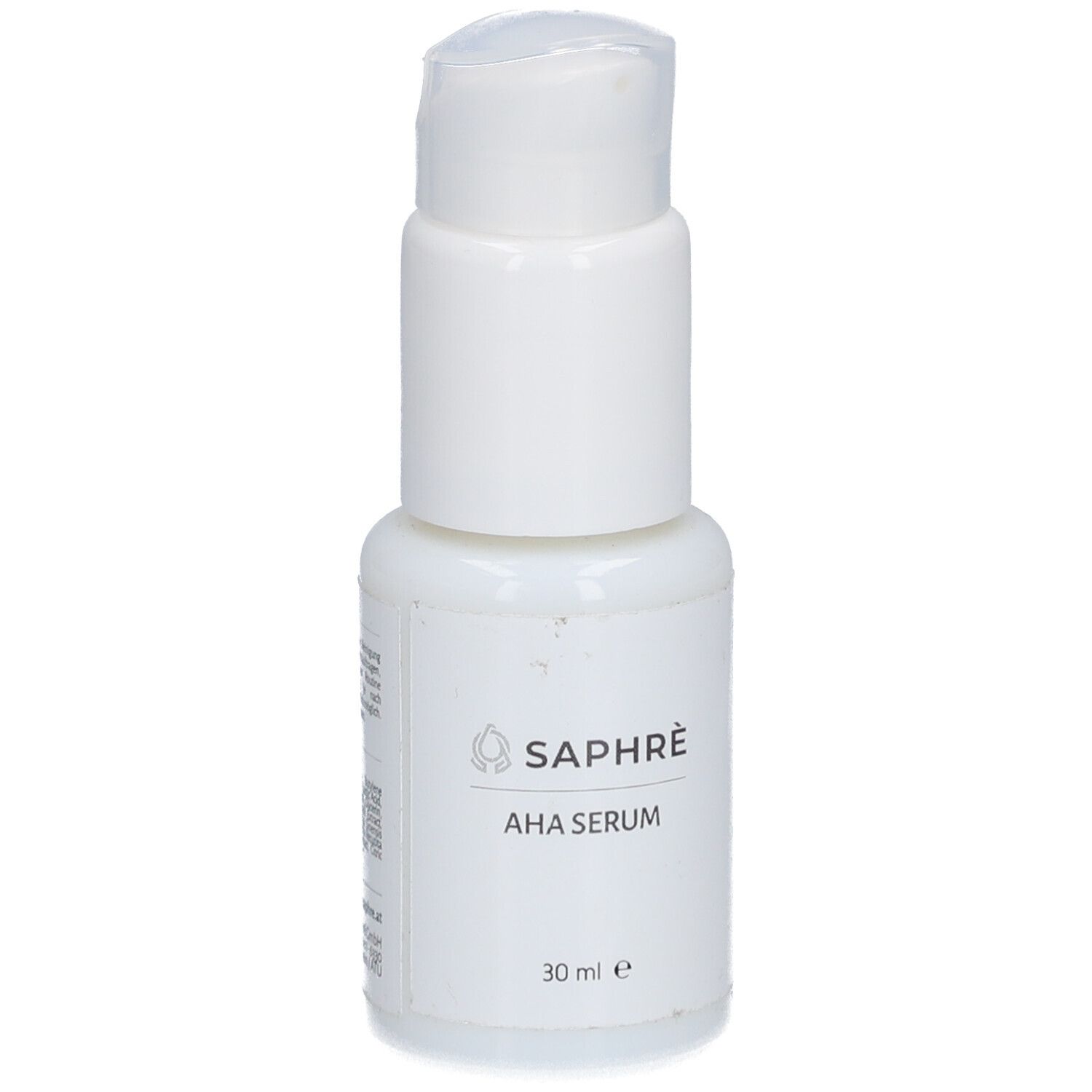 Weiße Flasche mit Pumpe. Aufschrift: SAPHRÈ AHA SERUM. Volumen: 30 ml.