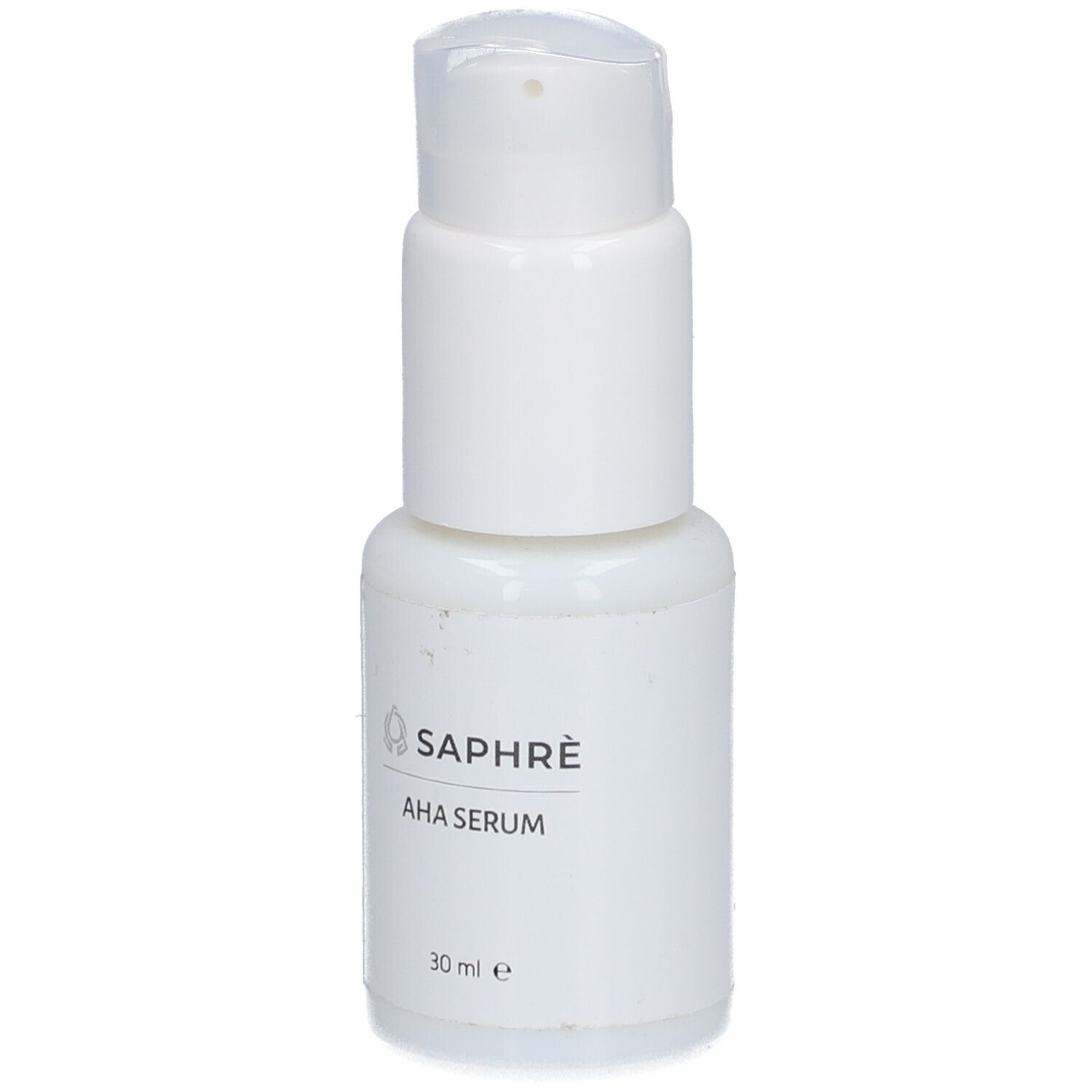 Weiße Flasche mit Pumpe. Aufschrift: SAPHRÈ AHA SERUM. Volumen: 30 ml.