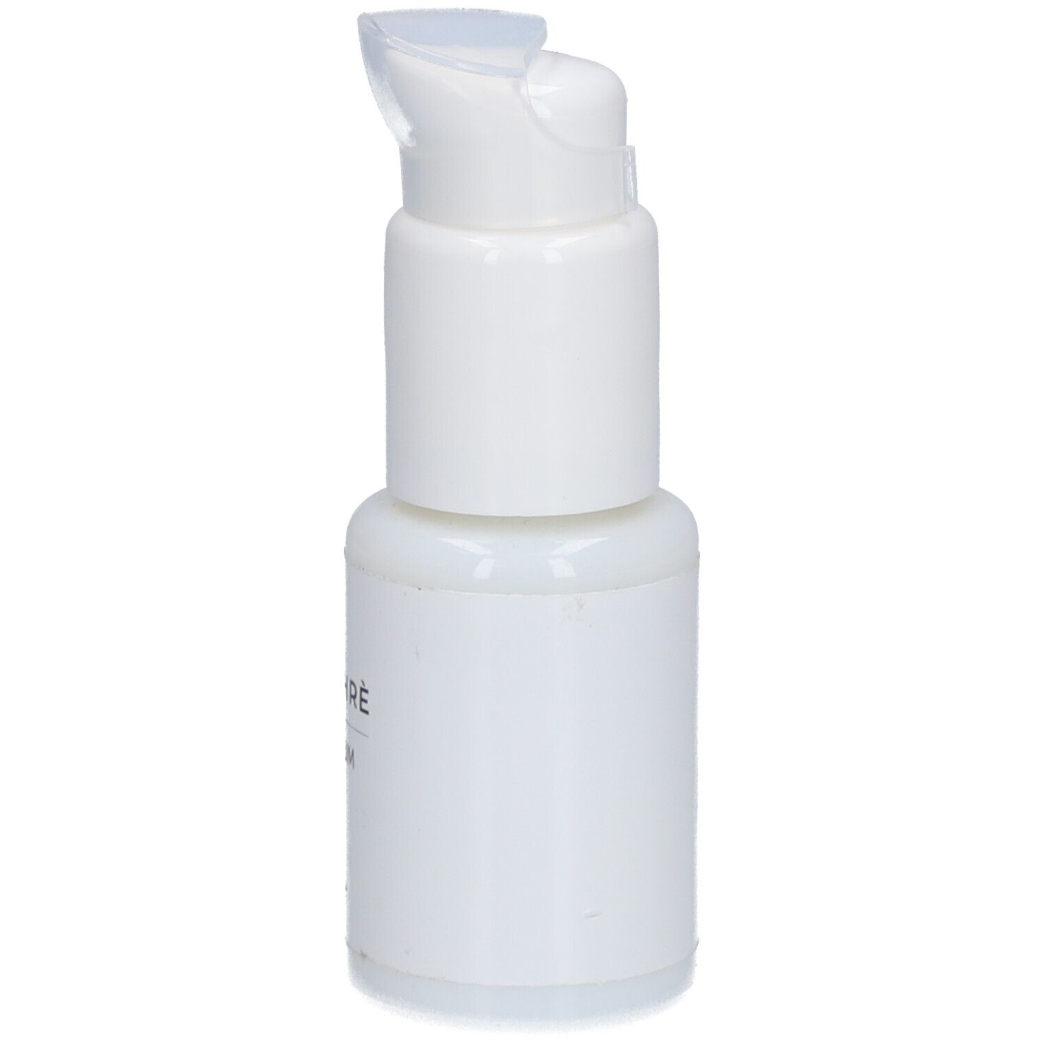 Weiße Flasche mit Pumpe. Geöffnete Pumpe. Aufschrift: SAPHRÈ AHA SERUM.
