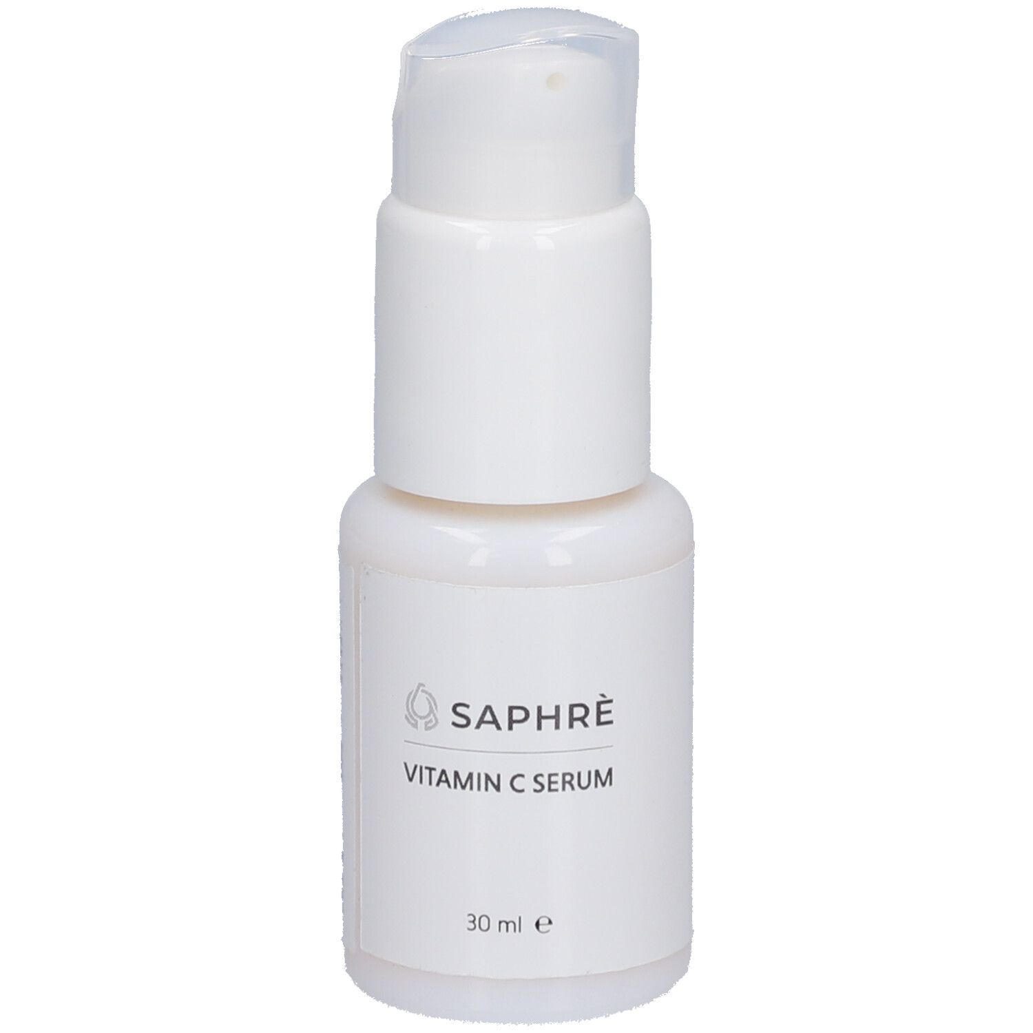 Weiße Flasche mit Pumpe. Aufschrift: SAPHRÈ Vitamin C Serum. Volumen: 30 ml.