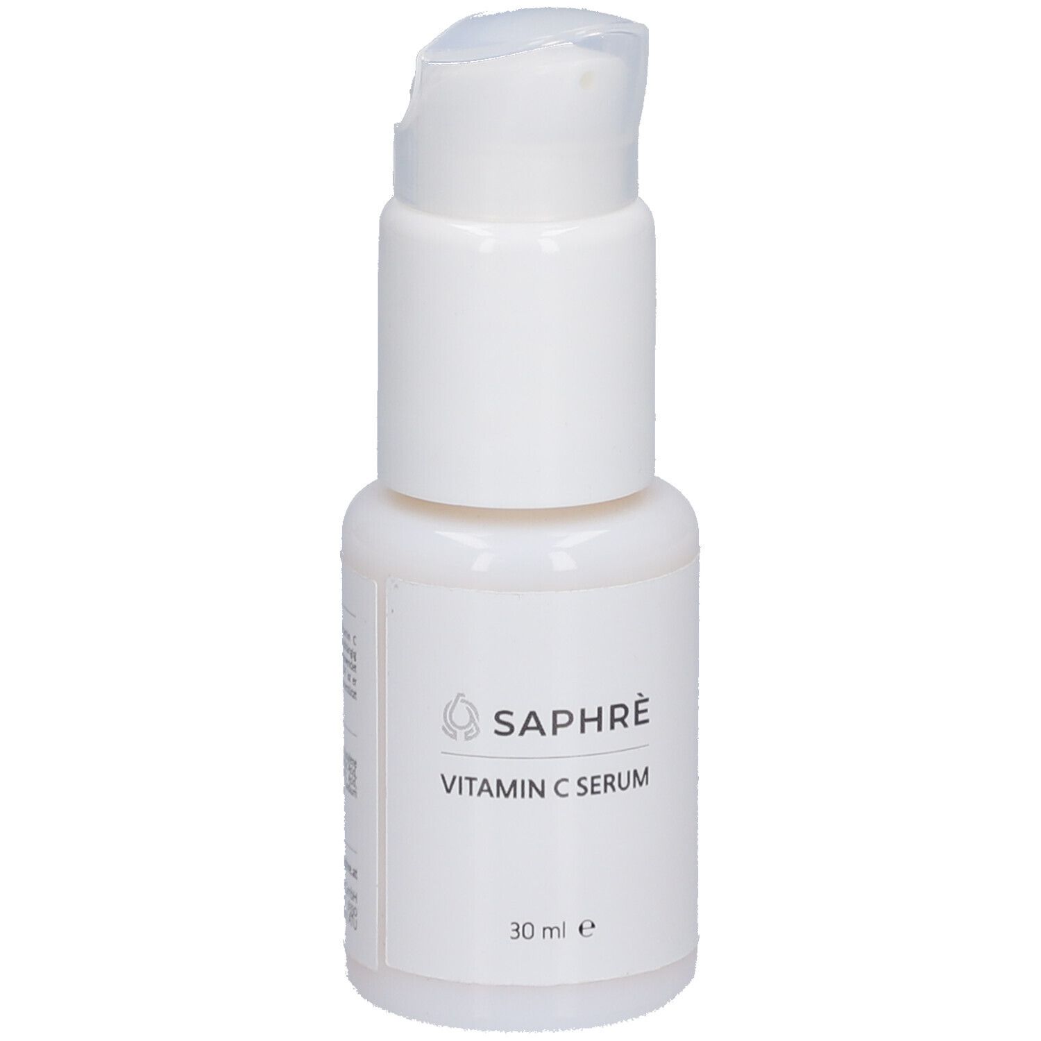 Weiße Flasche mit Pumpe. Aufschrift: SAPHRÈ Vitamin C Serum. Volumen: 30 ml.