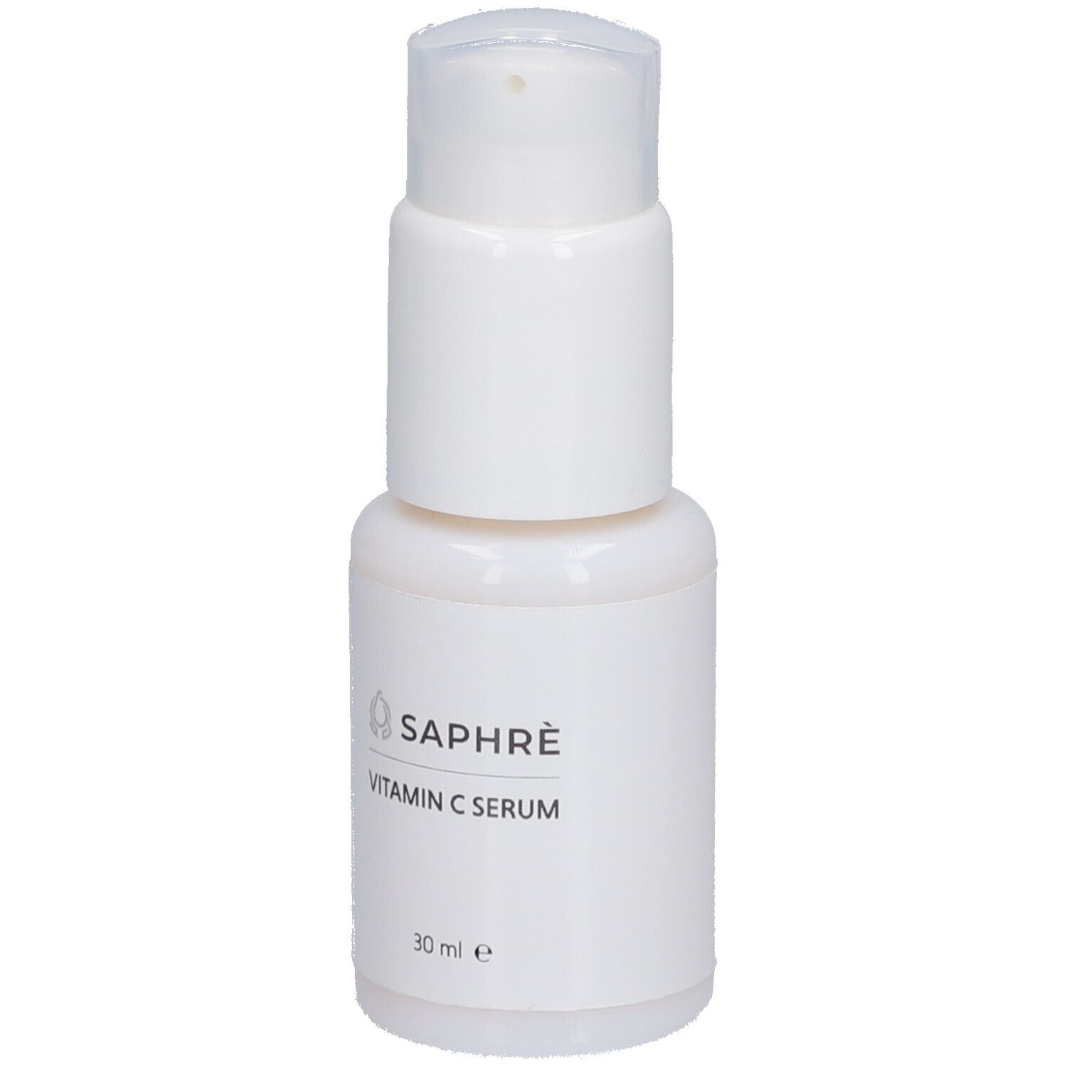 Weiße Flasche mit Pumpe. Aufschrift: SAPHRÈ Vitamin C Serum. Volumen: 30 ml.