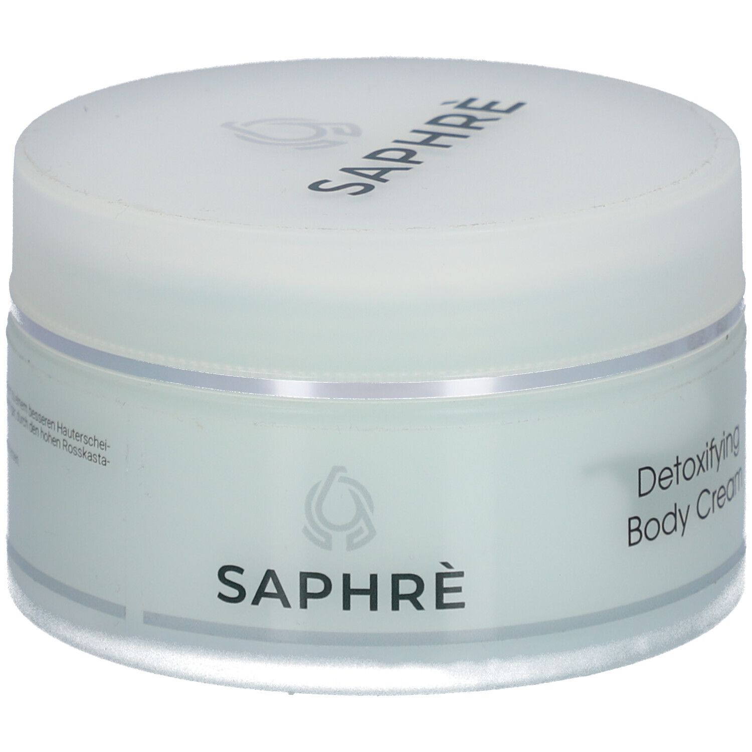 Runder, weißer Tiegel mit Deckel. Auf dem Deckel steht "SAPHRÈ". Auf dem Tiegel steht "Detoxifying Body Cream".