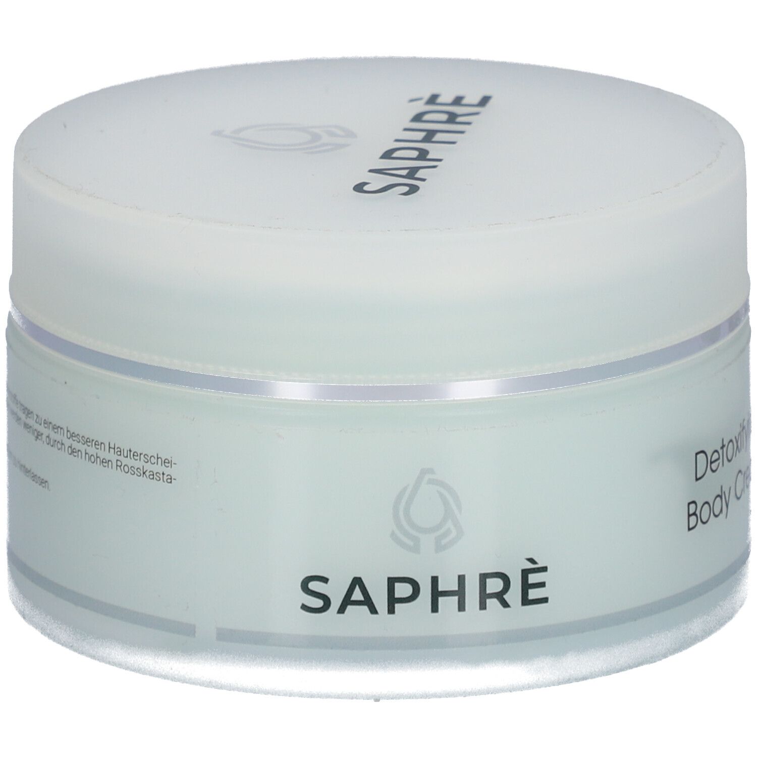 Runder, weißer Tiegel mit Deckel. Auf dem Deckel steht "SAPHRÈ". Auf dem Tiegel steht "Detoxifying Body Cream".
