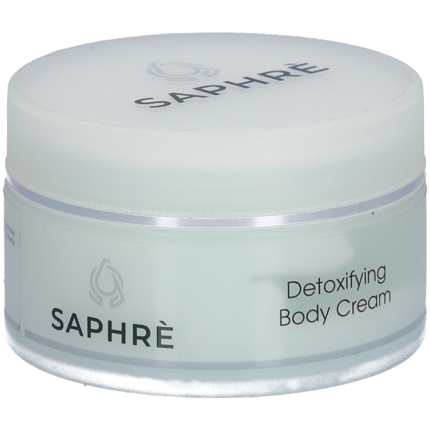 Runder, weißer Tiegel mit Deckel. Auf dem Deckel steht "SAPHRÈ". Auf dem Tiegel steht "Detoxifying Body Cream".