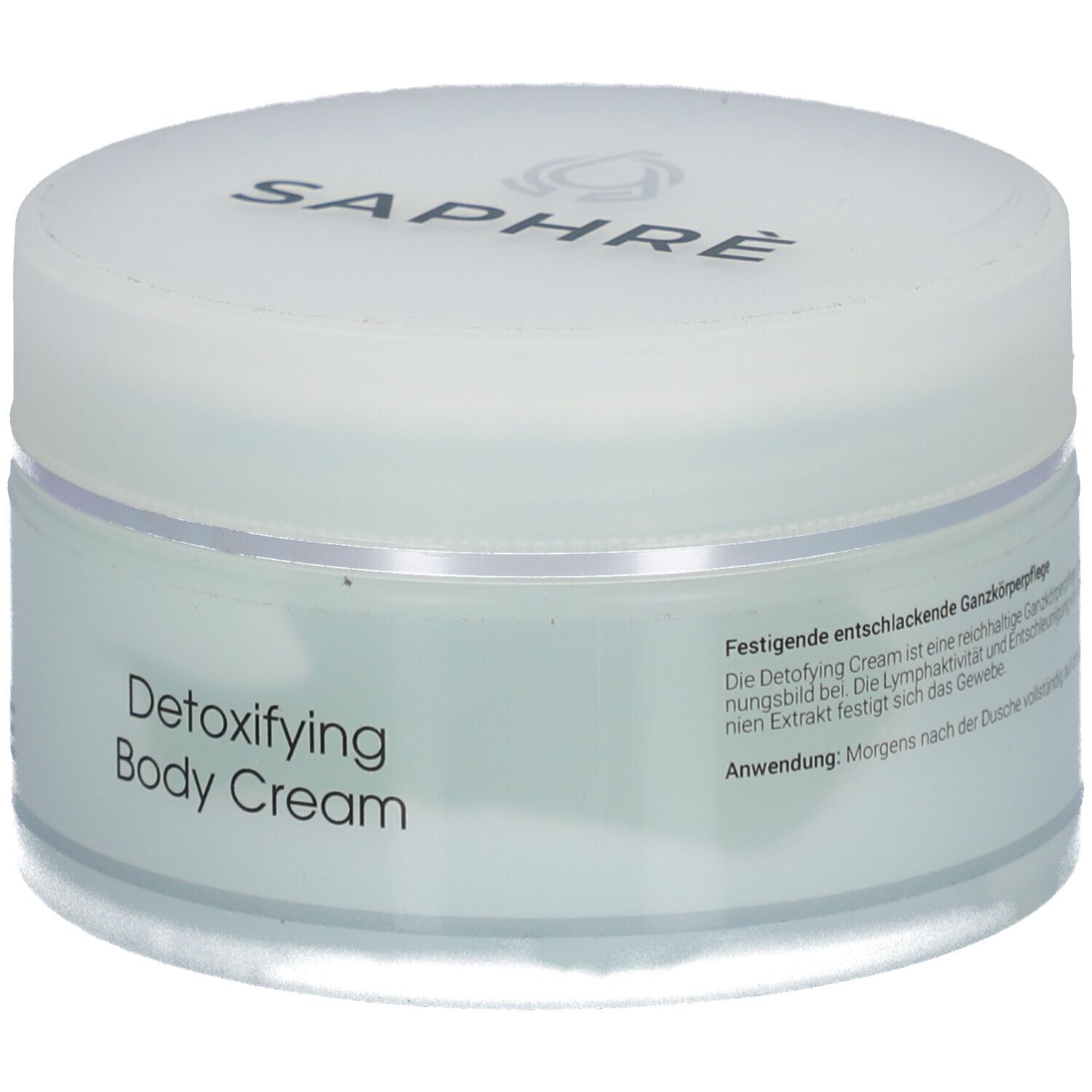 Runder, weißer Tiegel mit Deckel. Auf dem Deckel steht "SAPHRÈ". Auf dem Tiegel steht "Detoxifying Body Cream".