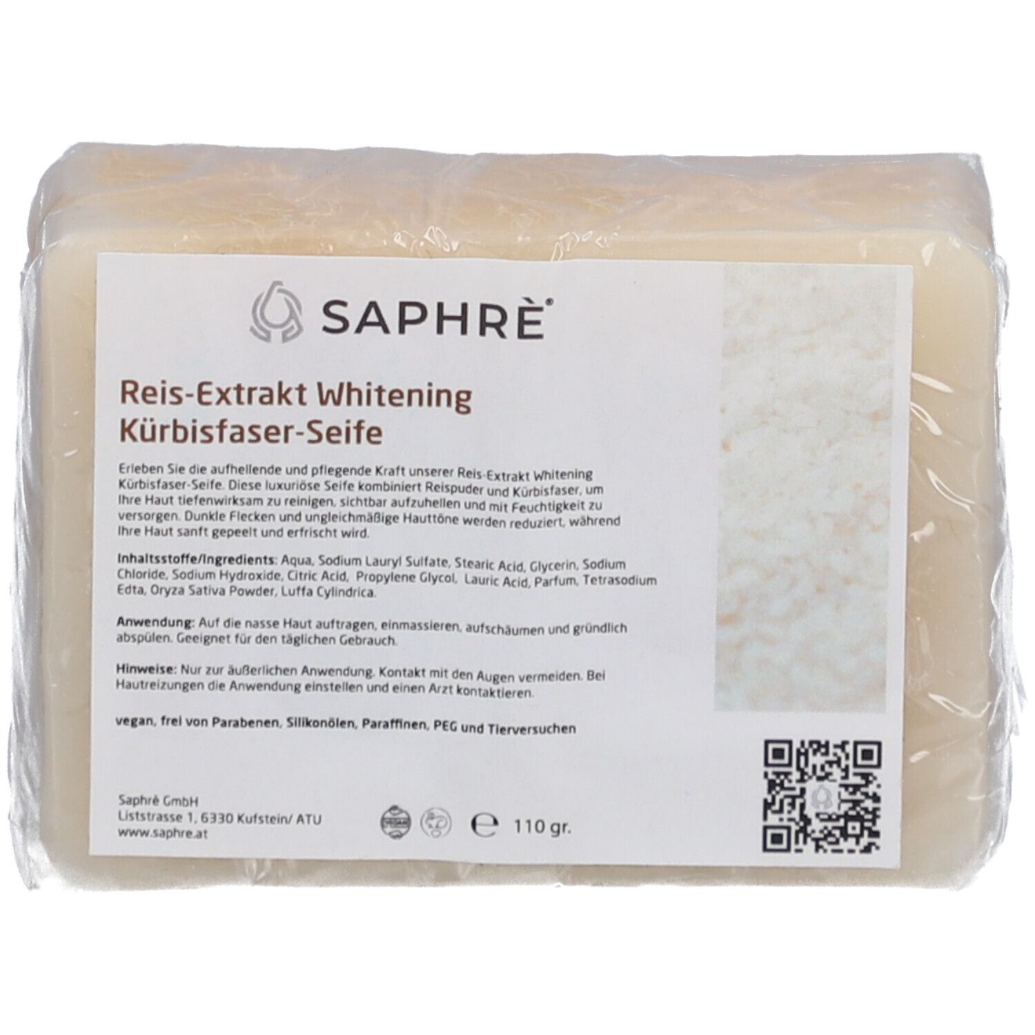 Seife in Folie verpackt. Etikett mit Produktname, Marke Saphre und Inhaltsstoffen. Vegan, frei von Parabenen.