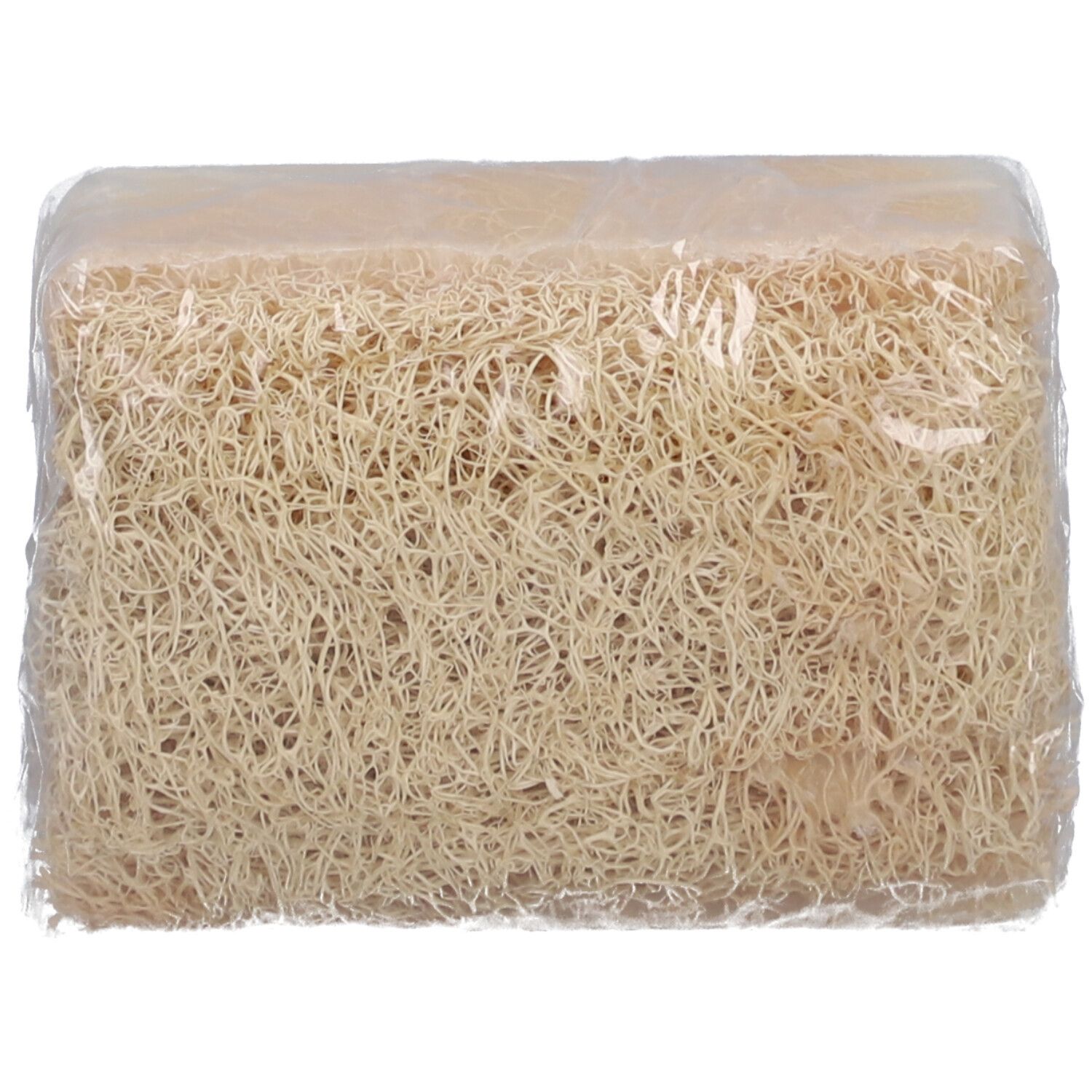Rechteckige Seife, eingepackt in transparente Folie. Struktur aus Fasern, beige Farbe.
