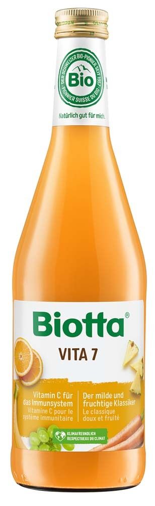 Biotta Vita 7 Saftflasche. Orangefarbener Saft in Glasflasche mit Etikett. Bio-Siegel, Vitamin C. Aufschrift: Vitamin C für das Immunsystem.