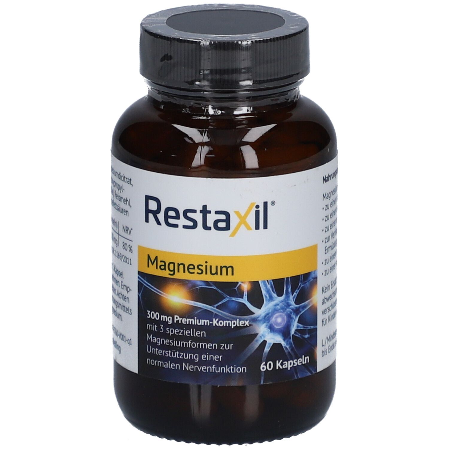 Braune Flasche mit schwarzem Deckel. Auf dem Etikett steht "Restaxil Magnesium". Enthält 60 Kapseln.