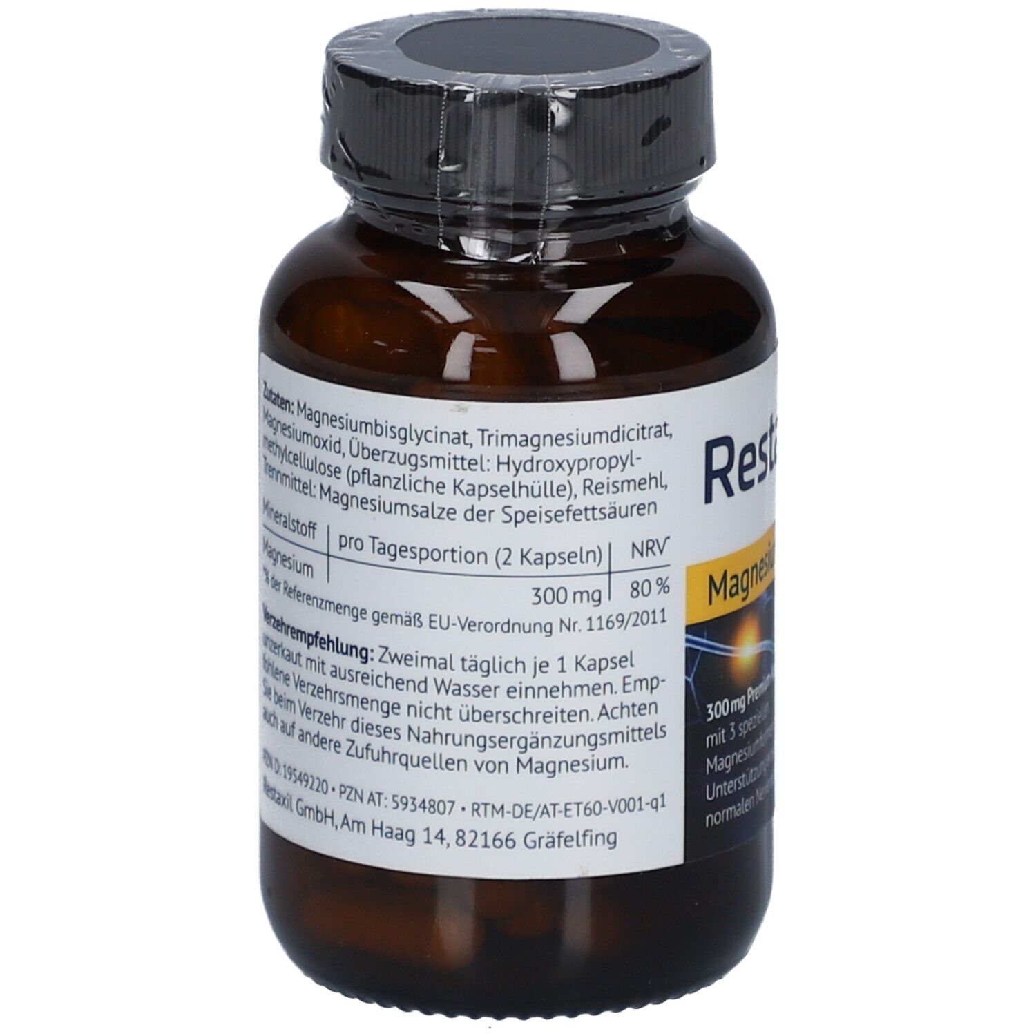 Rückseite der braunen Flasche mit schwarzem Deckel. Etikett mit Inhaltsstoffen und Nährwertangaben. "Restaxil Magnesium".