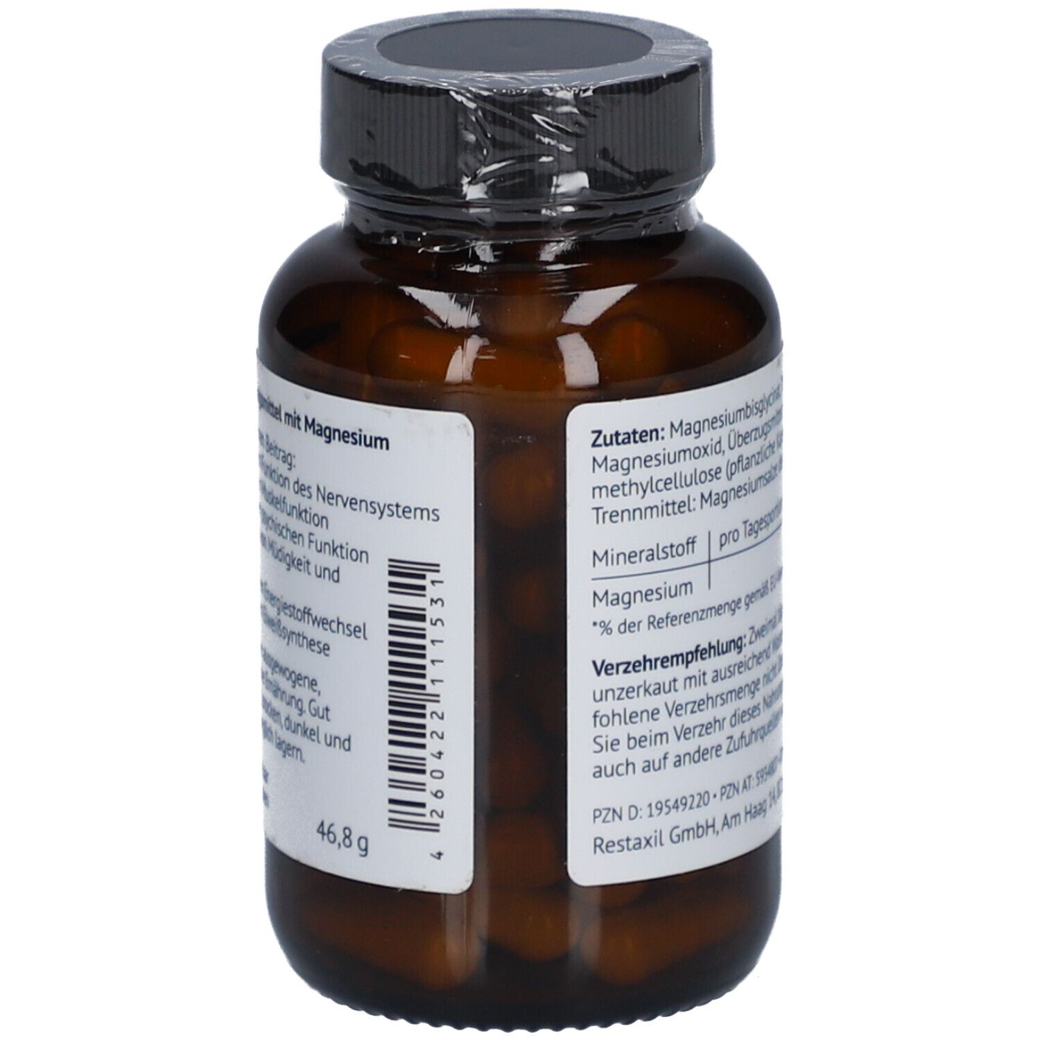 Braune Flasche mit schwarzem Deckel. Etikett mit Inhaltsstoffen und Nährwertangaben. Gewicht: 46,8 g. "Restaxil Magnesium".