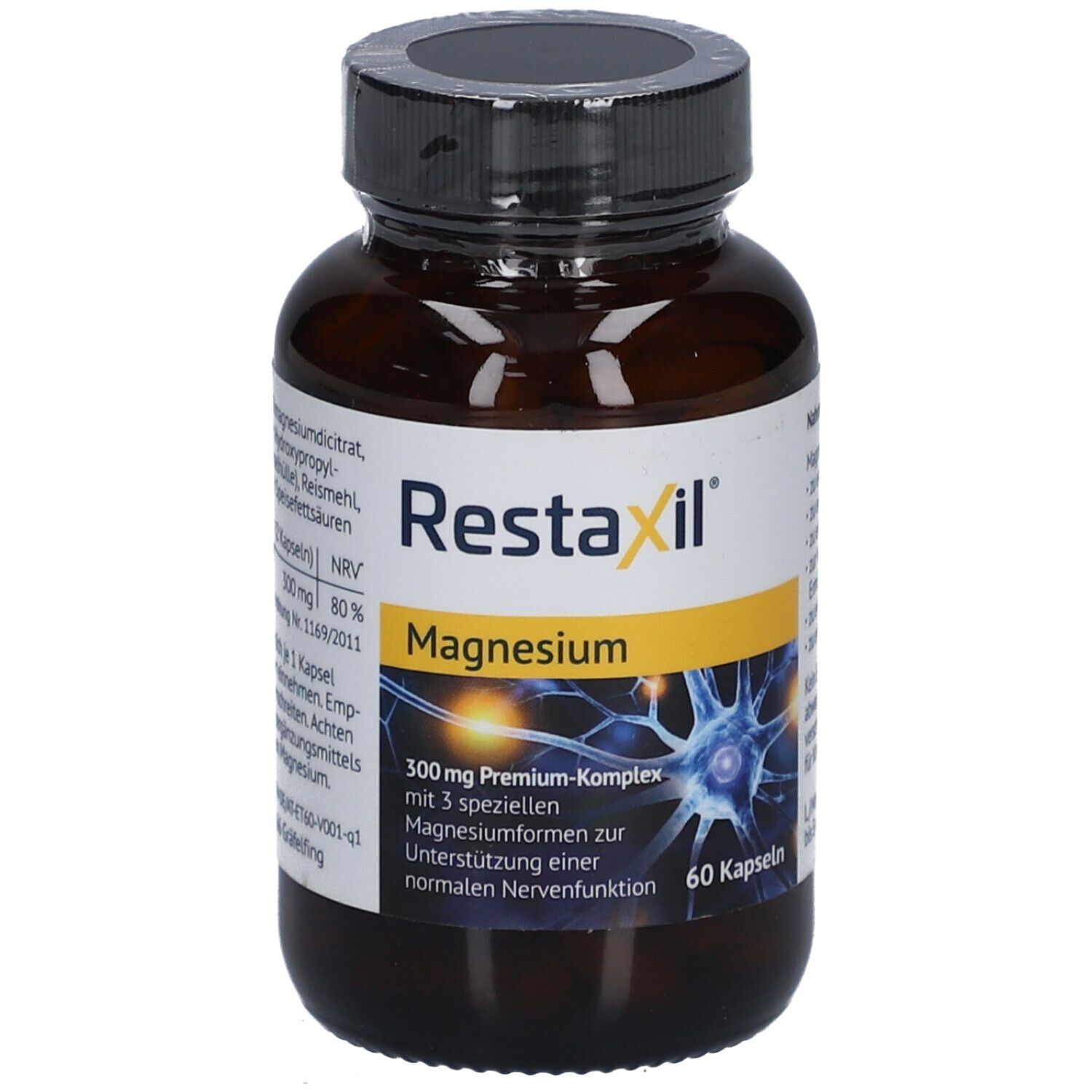 Braune Flasche mit schwarzem Deckel. Auf dem Etikett steht "Restaxil Magnesium". Enthält 60 Kapseln.