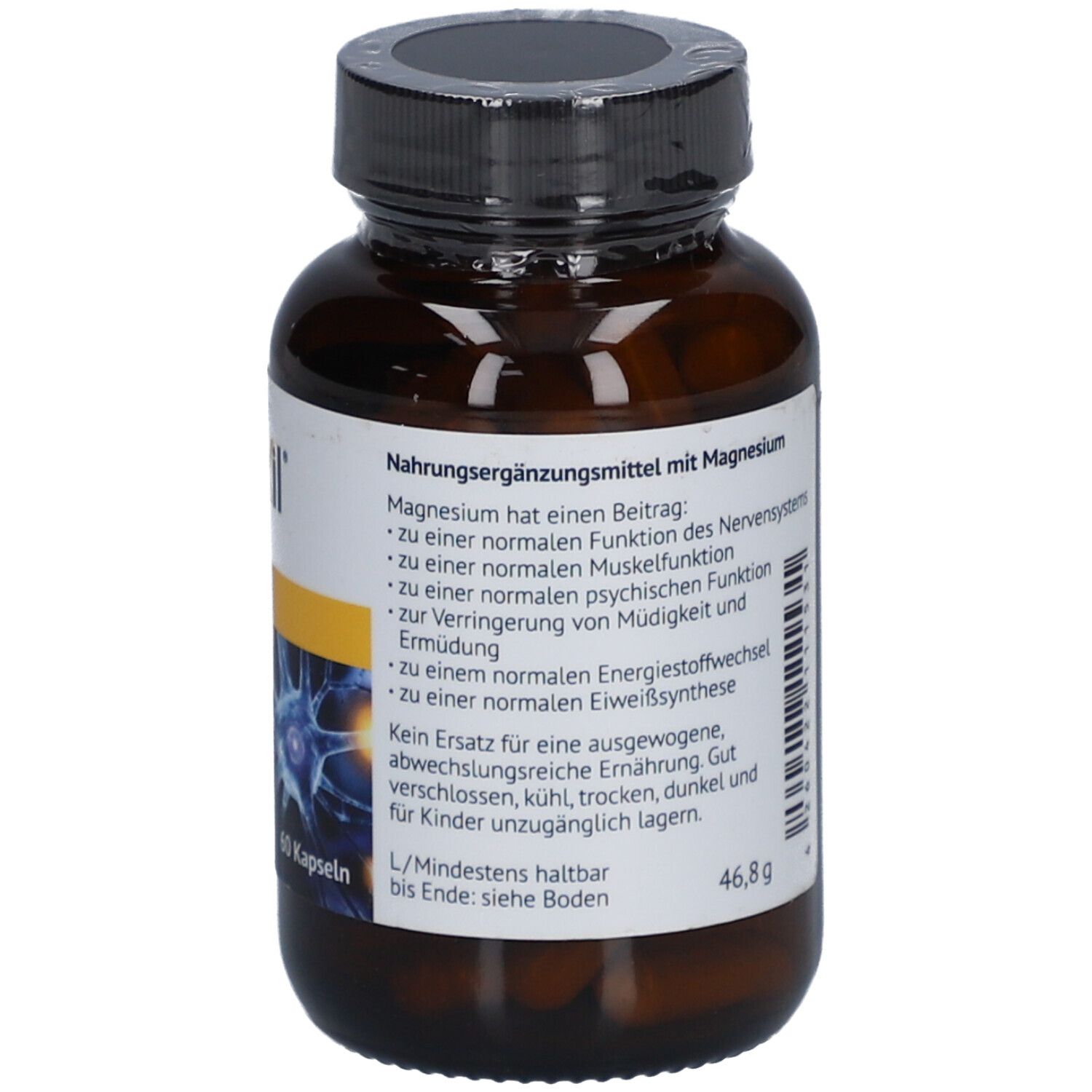Braune Flasche mit schwarzem Deckel. Etikett mit Produktinformationen. Gewicht: 46,8 g. "Restaxil Magnesium".