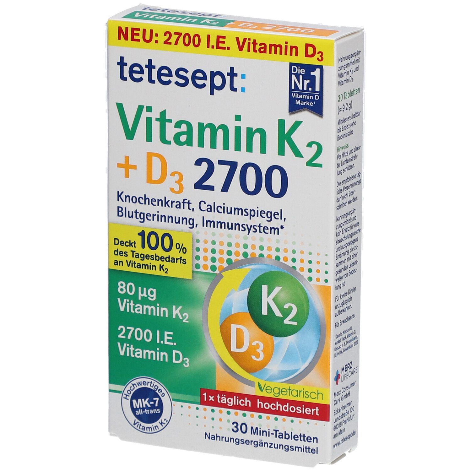 Karton tetesept Vitamin K2 + D3 2700. Enthält 30 Mini-Tabletten. Aufschrift: Vitamin K2 + D3, 2700 I.E. Vitamin D3, vegetarisch.