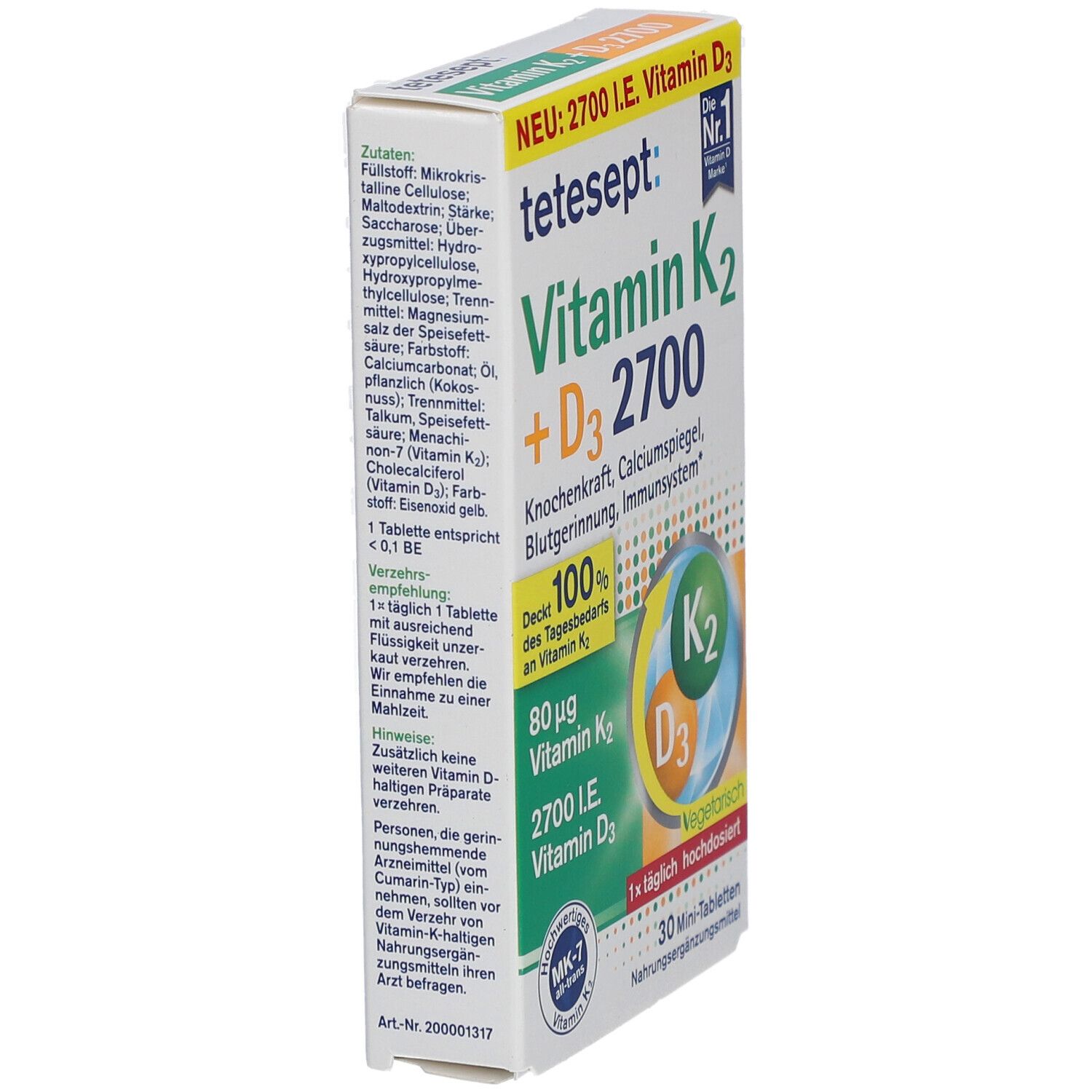 Karton tetesept Vitamin K2 + D3 2700. Seitenansicht. Aufschrift: Vitamin K2 + D3, 2700 I.E. Vitamin D3, 30 Mini-Tabletten, vegetarisch.