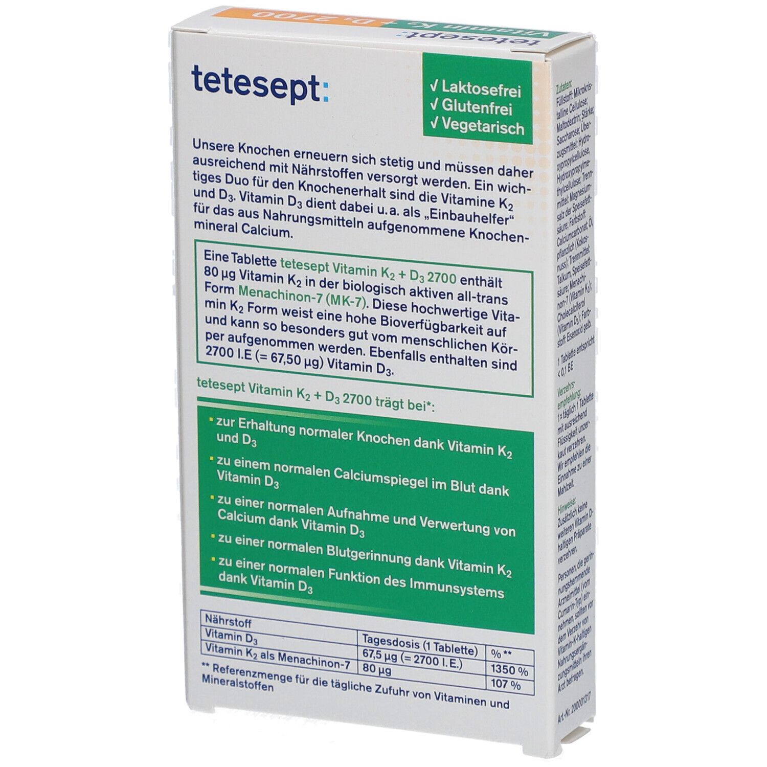 Rückseite der Verpackung tetesept Vitamin K2 + D3 2700. Text über Inhaltsstoffe und Vorteile. Aufschrift: laktosefrei, glutenfrei, vegetarisch.