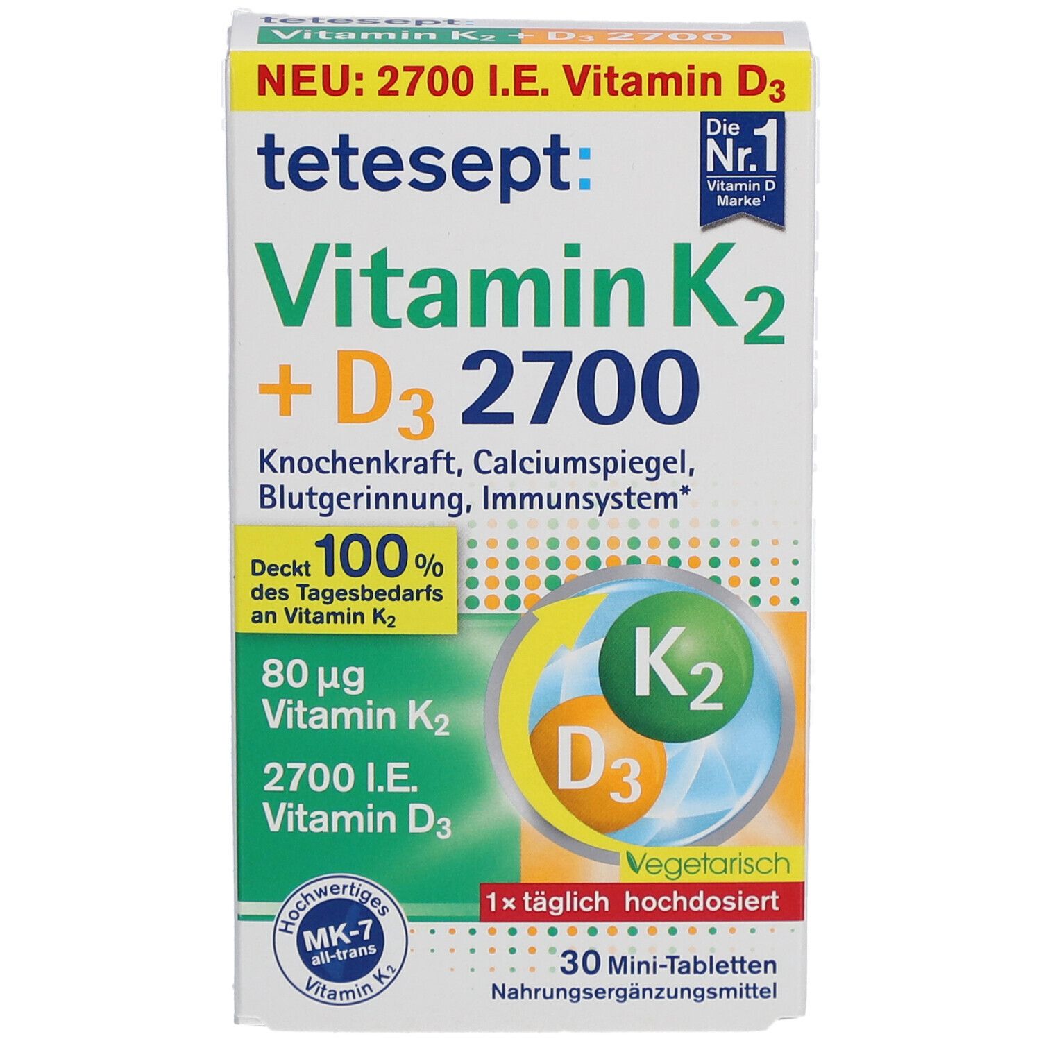 Karton tetesept Vitamin K2 + D3 2700. Aufschrift: Vitamin K2 + D3, 2700 I.E. Vitamin D3, 30 Mini-Tabletten, vegetarisch, MK-7 all-trans Vitamin K2.